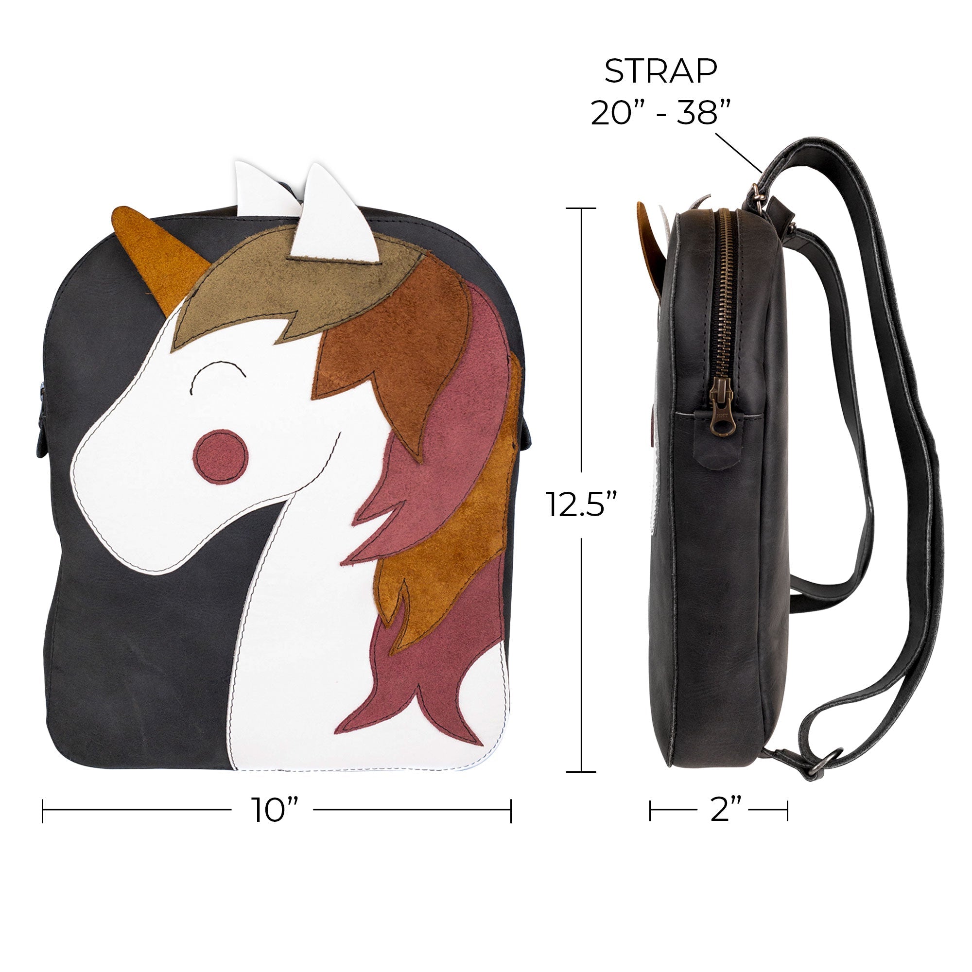 Showcasing size dimensions, the Hide & Play Daily Backpack with Unicorn Design offers a stylish unicorn motif and essential specs. This casual bag serves as a messenger bag and travel bag, perfect for men and women. Artisan-made in La Antigua Guatemala, it's constructed from full grain leather, emphasizing the quality of small batch production and expert craftsmanship.