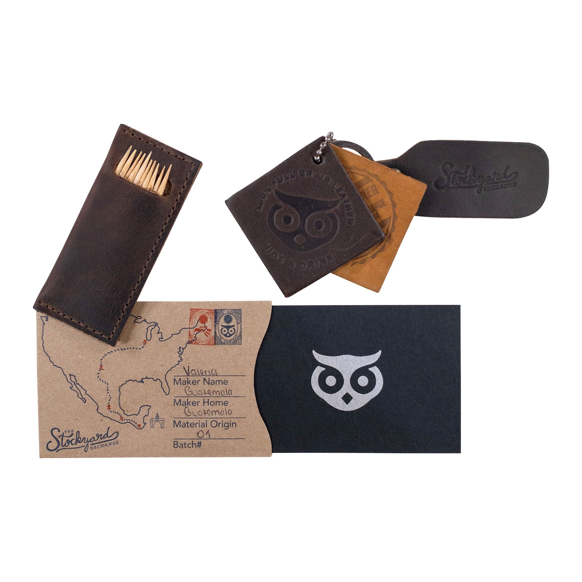 Hide & Drink Tooth Pick Case (4 Pack) packaged with additional items highlighting craftsmanship. Set of 4 Tooth Pick Cases, Cooking Accessories, Full Grain Leather, StockyardX, Small Batch Production, Hand Cut, Hand Sewn, Fire Branded, Artisan, Handmade in La Antigua Guatemala & Oaxaca Mexico.