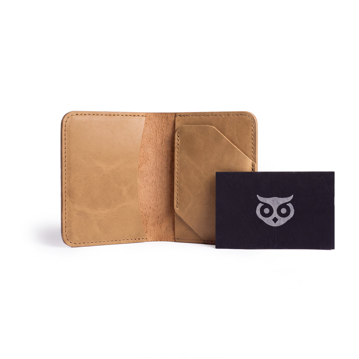 Brown Bi-Fold Card Wallet Diagonal by Hide & Drink showcasing its refined design and ability to hold up to 5 cards plus cash, ideal for stylish accessories.