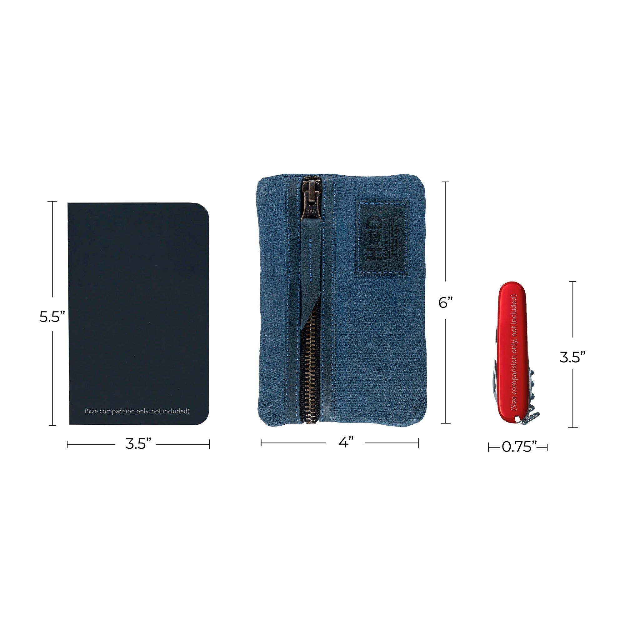 Dimensions of the green Multi-tool Pocket Pouch by Hide & Drink listed alongside a notebook and multi-tool for practical use.