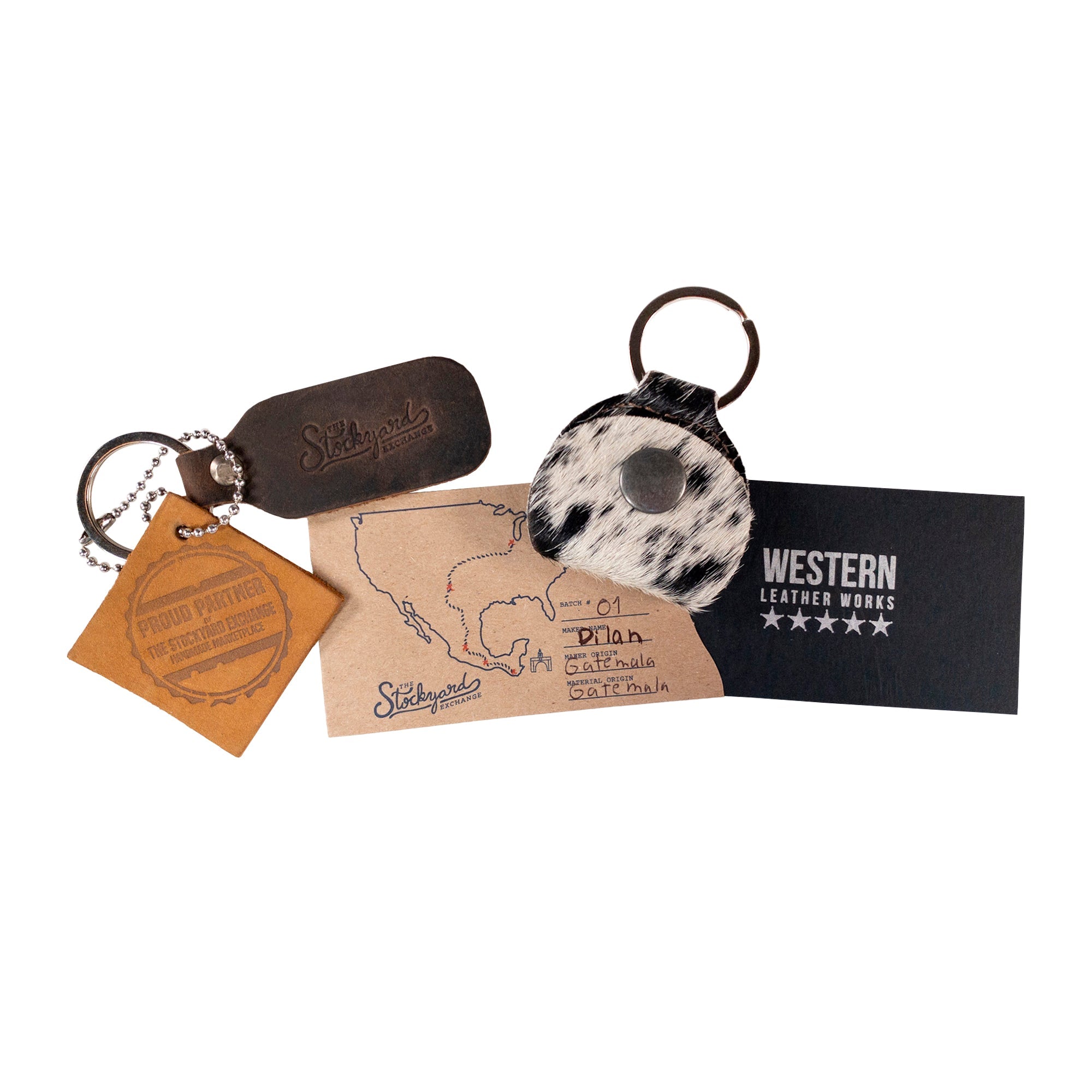 Guitar Pick Holder Keychain collection by Western Leather Works alongside branding elements, showcasing Hair On Hide Full Grain Leather craftsmanship, illustrating small batch production, hand cut, hand sewn, and fire branded, made by artisans in La Antigua Guatemala & Oaxaca Mexico.