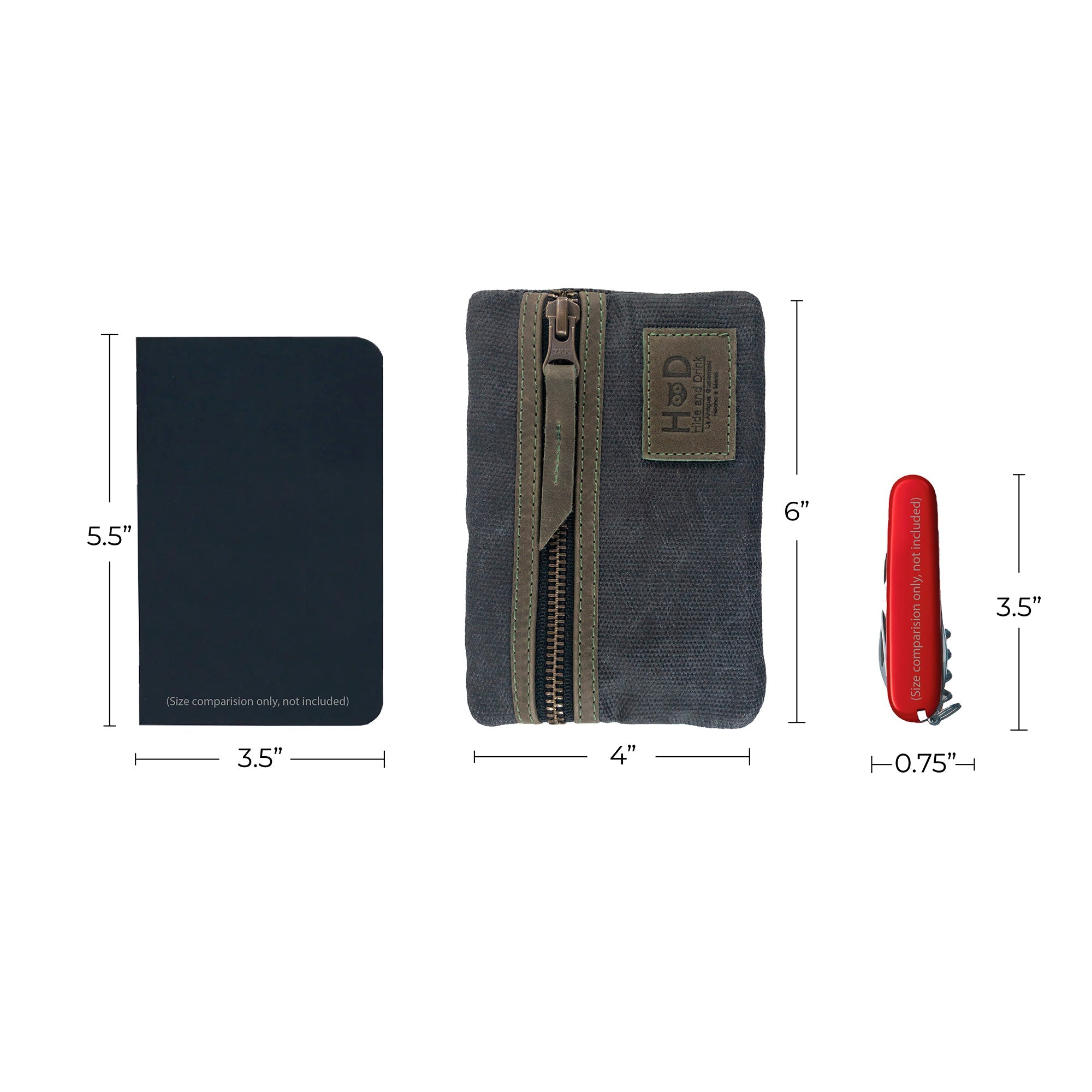 Dimensions of the navy Multi-tool Pocket Pouch by Hide & Drink alongside notebooks and tools for practical size comparison.