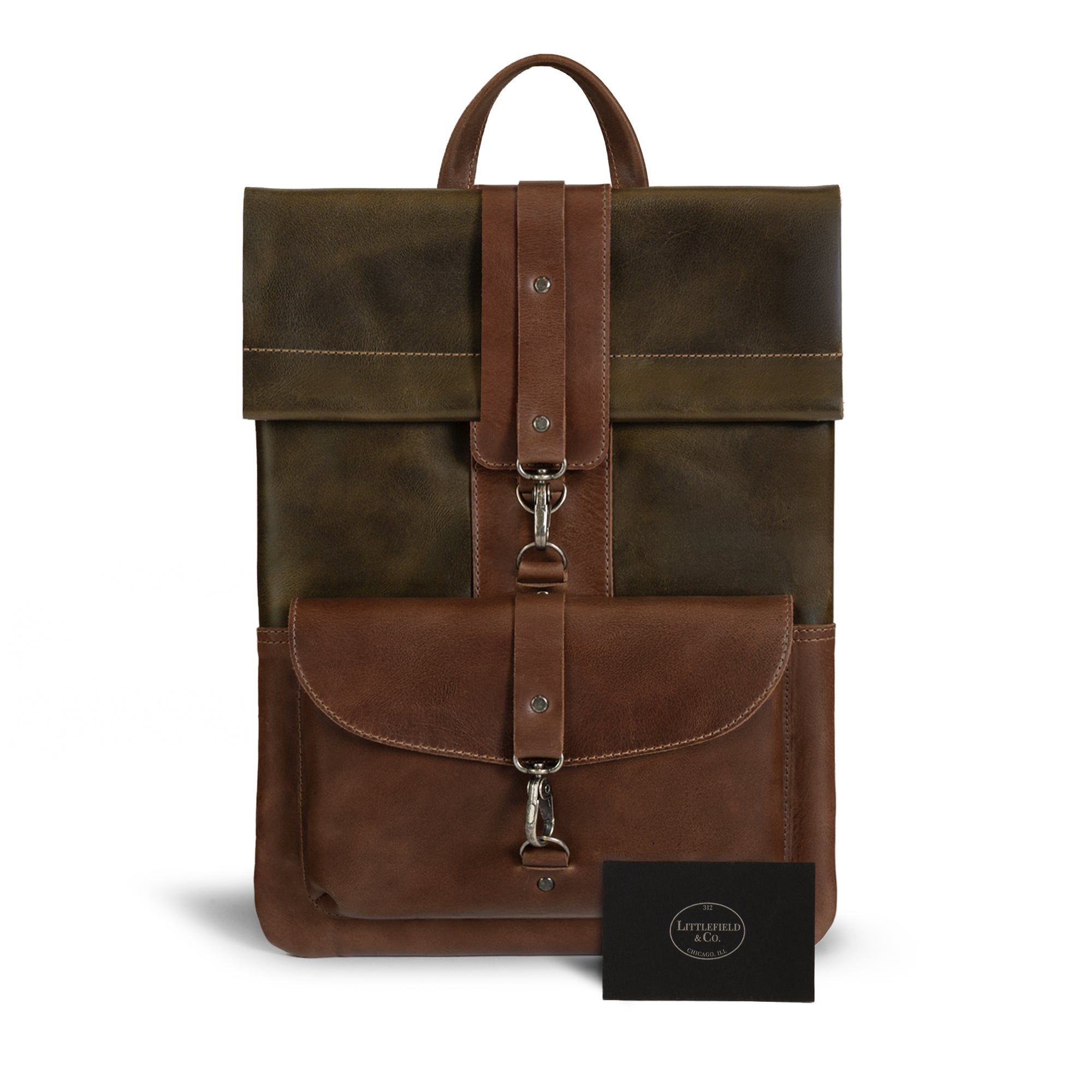 Adventurer Laptop Bag by Littlefield Chicago, displayed with branding card, showcasing its vintage-style design and high-quality craftsmanship. Ideal for stylish tech users. Leather Adventurer Laptop Case, Vintage Sleeve for 13-inch Laptops with Extra Bag for Charger and Cables, Rustic Cover, Travel Accessories, Full Grain Leather, Small Batch Production, Hand Cut, Hand Sewn, Artisan, Handmade in La Antigua Guatemala & Oaxaca Mexico.