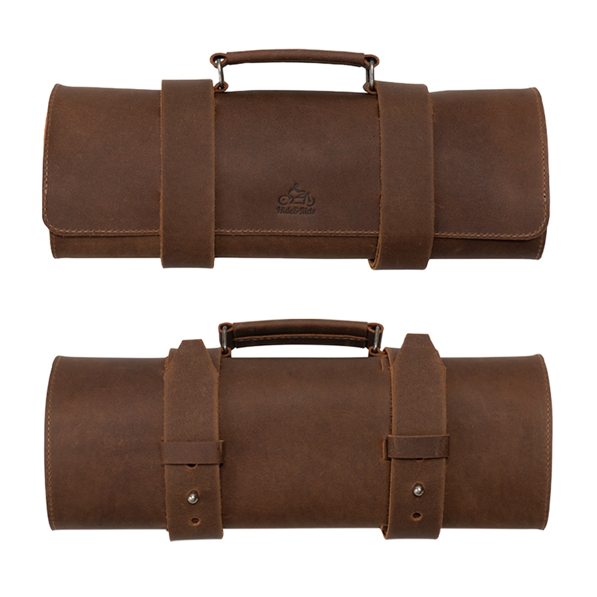 Closed Tool Roll for Bikers in rich brown leather by Hide & Ride, designed for easy transport and storage. This isn‚Äôt just a Motorcycle Tool Bag; it‚Äôs a Universal Saddlebag for Motorcycle and Fork Bag for Bikers. Experience the durability of Full Grain Leather in this Small Batch Production item, characterized by Hand Cut and Hand Sewn embellishments with a Fire Branded logo, all crafted by artisans in La Antigua Guatemala & Oaxaca Mexico.