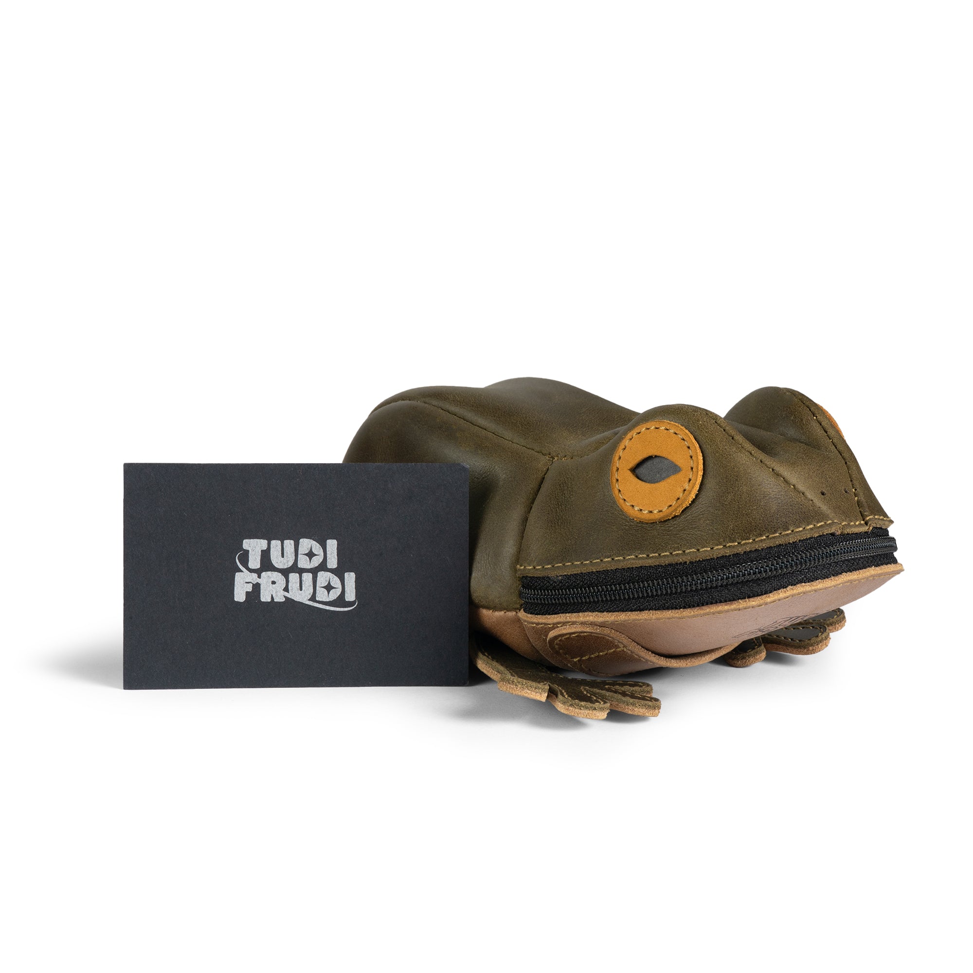 Tudi Frudi's Frog Pouch presented with a card showcasing the brand name. This unique full grain leather frog pouch is a perfect zipper cash holder wallet for coins and small accessory case, hand cut and sewn in La Antigua Guatemala & Oaxaca Mexico.