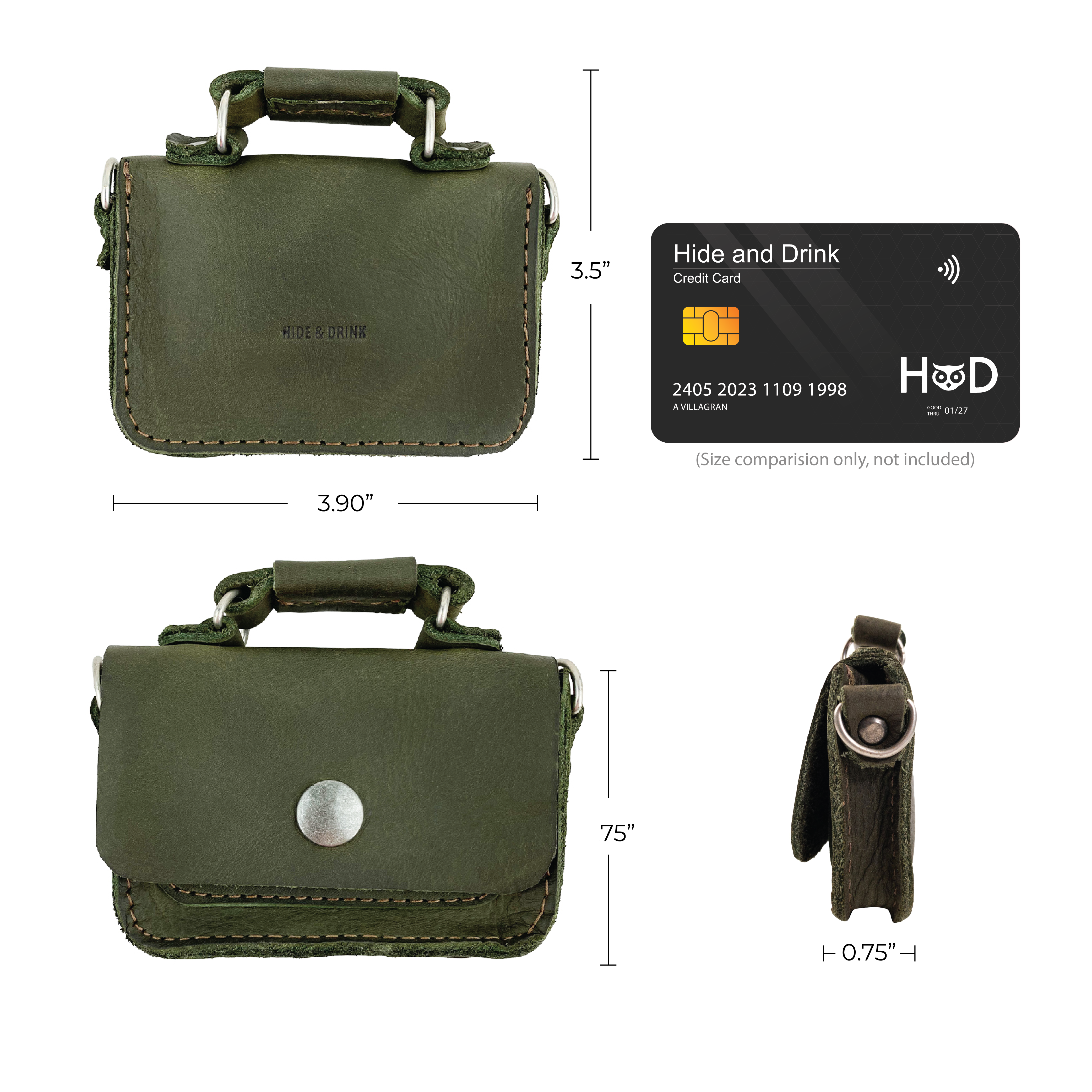 Dimensions of Hide & Drink's Card Holder Briefcase Style displayed with a credit card, showing the functionality of the Mini Briefcase Card Holder made from Full Grain Leather. Ideal for organizing cash and cards, this artisanal case reflects a commitment to quality craftsmanship.