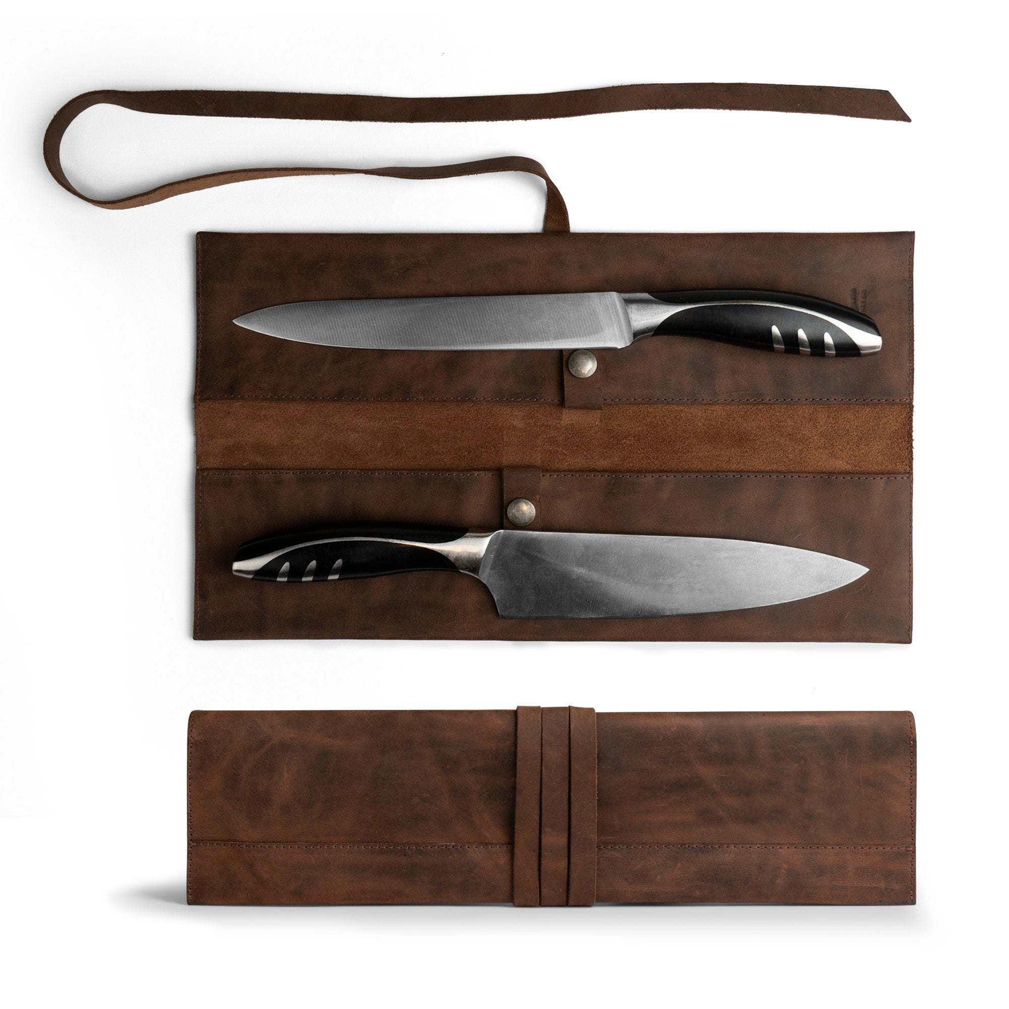 Cast Leather Co. Leather Double Knife Roll made of Full Grain Leather, featuring two knives stored neatly. This rustic storage roll for knives is an essential kitchen accessory for chefs and cooks. Ideal for culinary aficionados, the Leather Double Knife Roll is handcrafted in La Antigua Guatemala & Oaxaca Mexico.