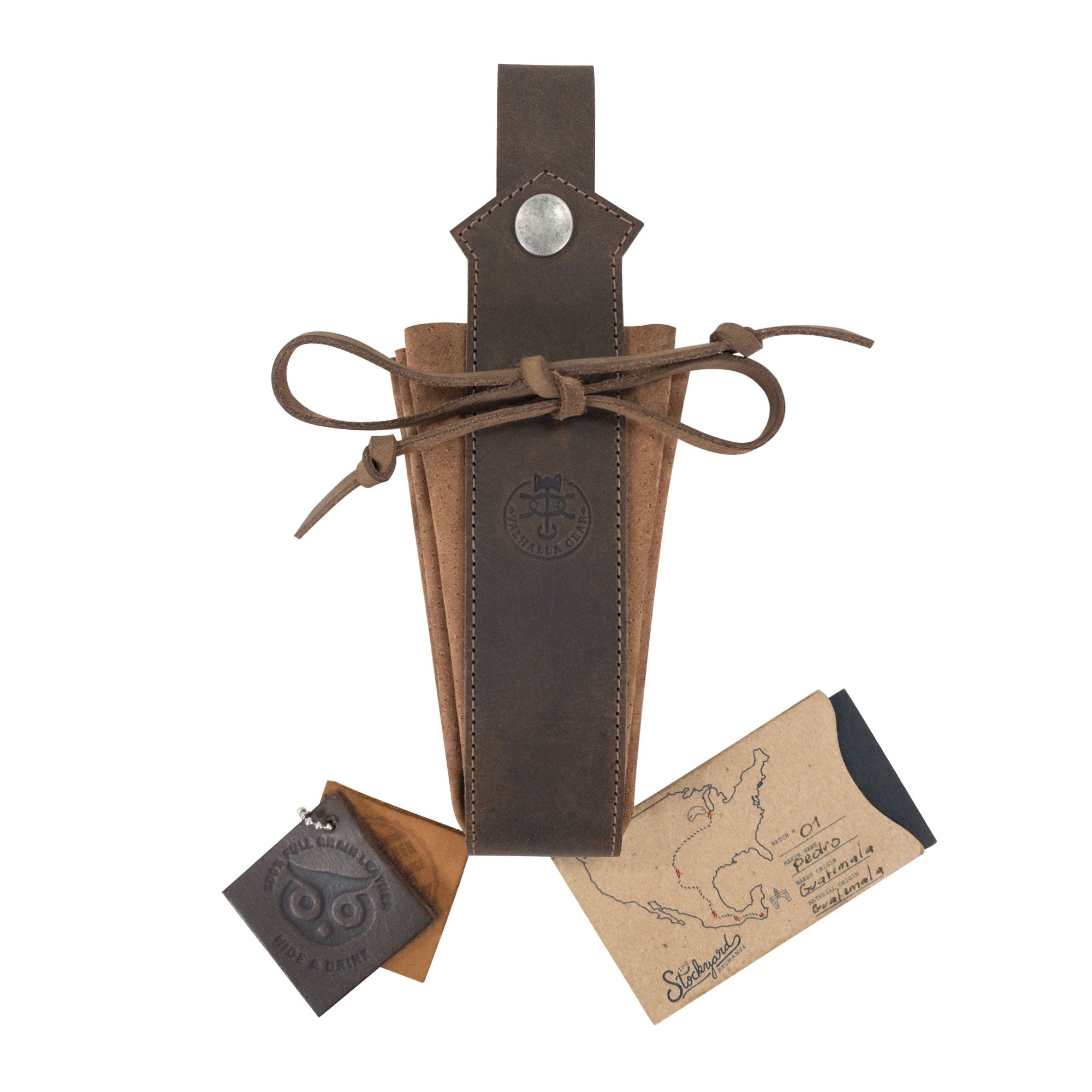 Medieval Drawstring Pouch by Valhalla Gear, featuring leather samples and care instructions, emphasizing its Full Grain Leather construction, small batch production, and dedication to artisan craftsmanship.