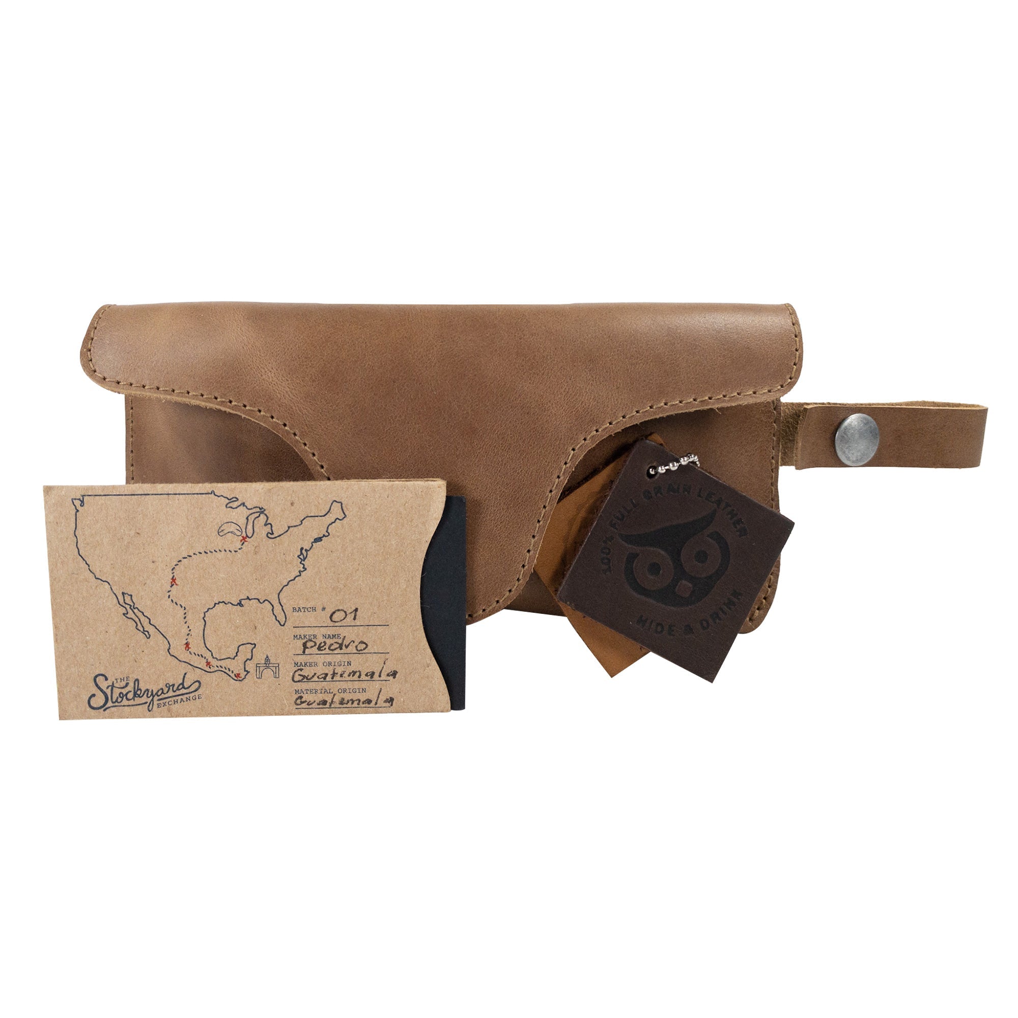 Open Eyeglasses Case with Strap by Hide & Drink, illustrating practical functionality with sunglasses inside. Made from premium full grain leather, this durable protector for eyewear is thoughtfully handmade in La Antigua Guatemala & Oaxaca Mexico.
