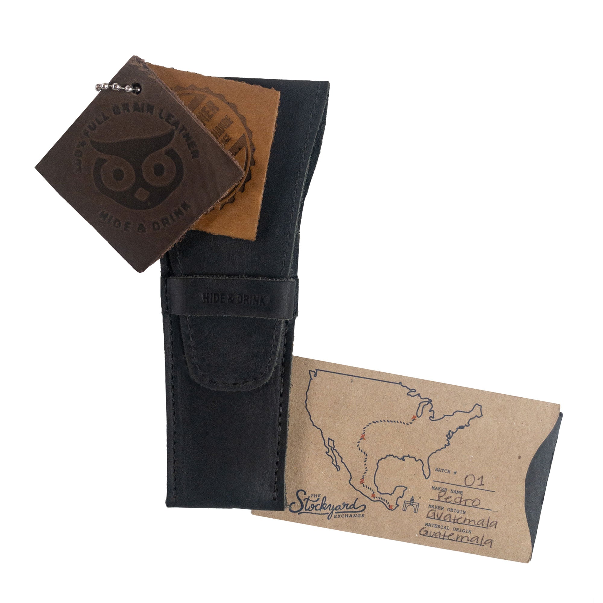 Hide & Drink Safety Razor Case displayed with authenticity tags, emphasizing small batch production and the artisan craftsmanship of this personal care accessory.