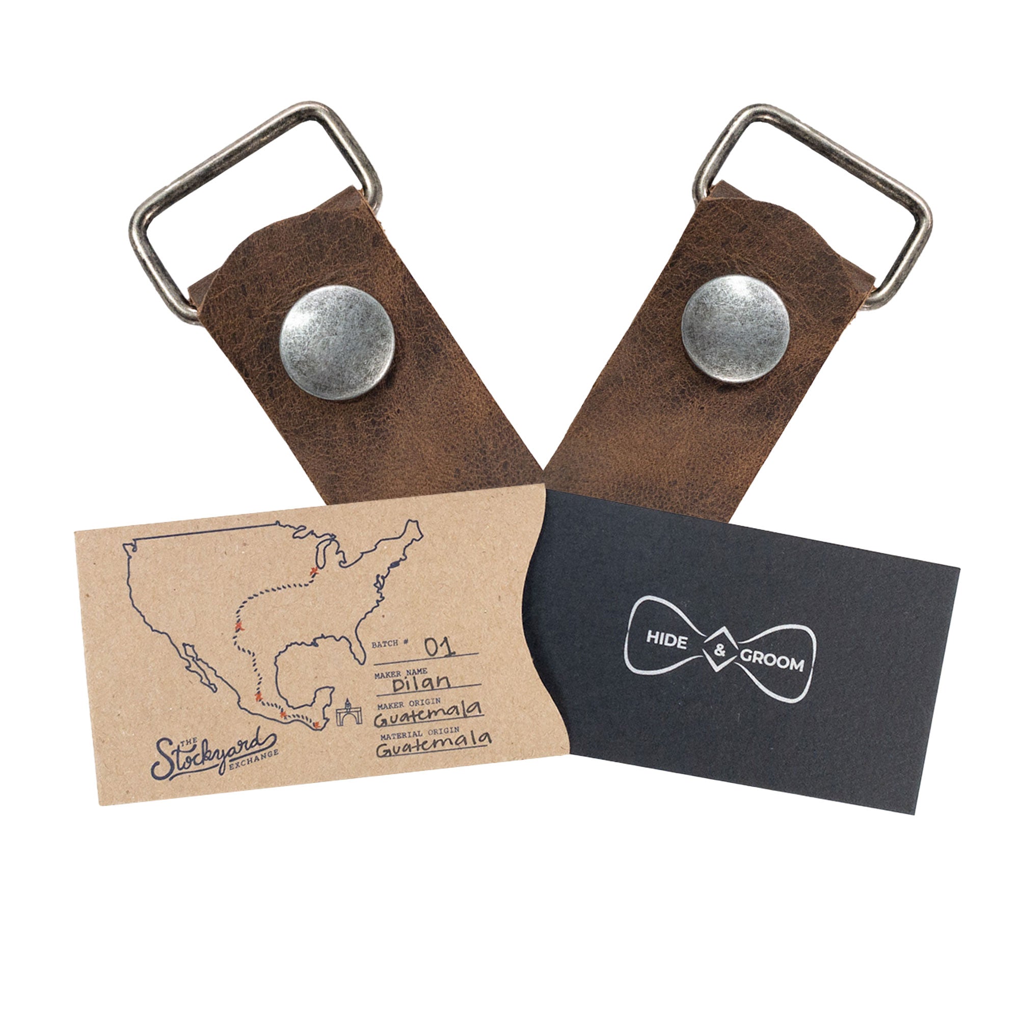 The Set of 2 Suspender Loop Attachments with Snap Closure by Hide & Groom displayed with business cards, illustrating the artisan packaging and handmade quality. Set of 2 Suspender Loops Attachment for Men with Snap Closure, Heavy Duty, Wedding Accessories, Full Grain Leather, StockyardX, Small Batch Production, Hand Cut, Hand Sewn, Fire Branded, Artisan, Handmade in La Antigua Guatemala & Oaxaca Mexico.