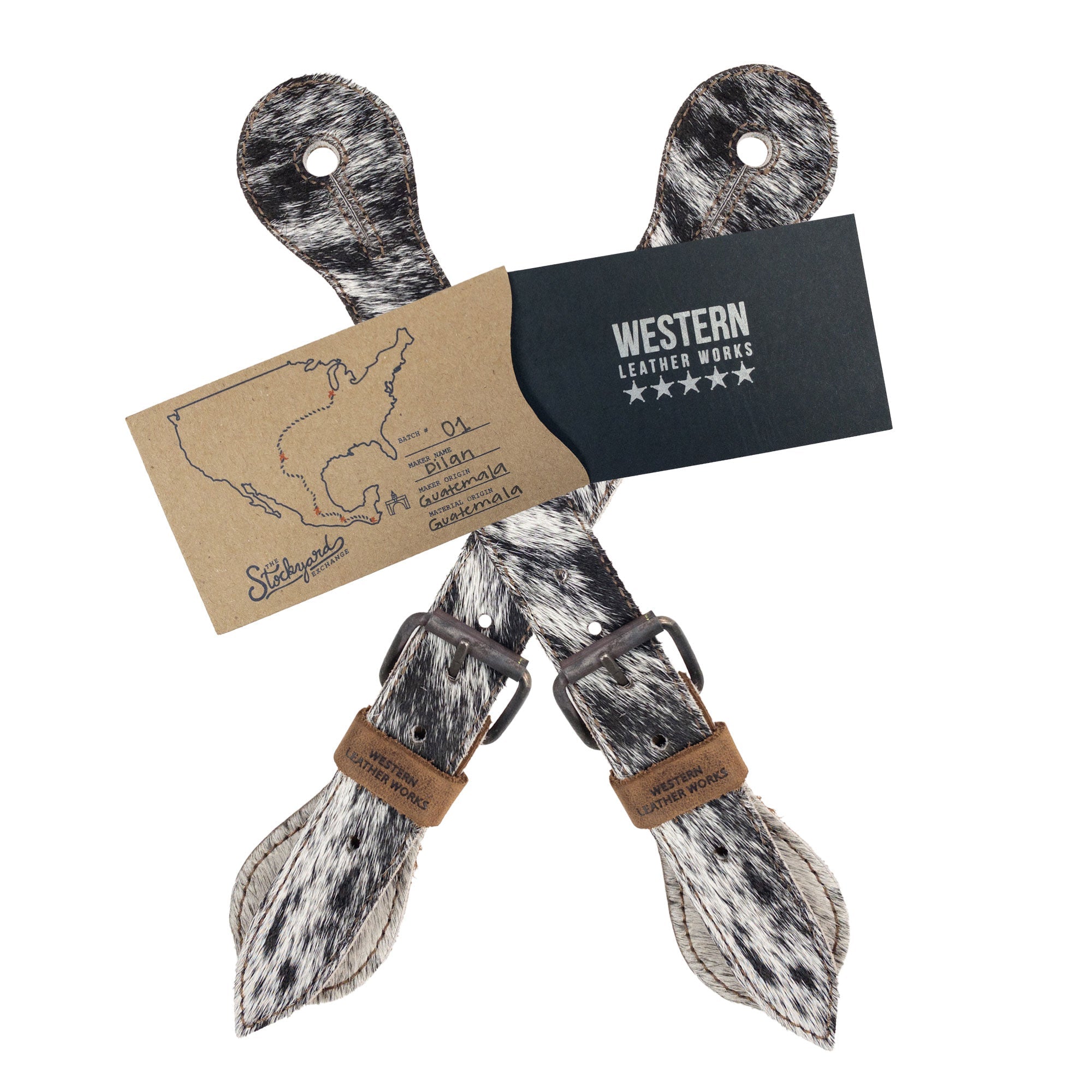 Presentation of the Spur Straps (2 Pack) from Western Leather Works with branding and packaging. These high-quality spur straps are designed for equestrian use, made from full grain leather and showcase artisan craftsmanship.