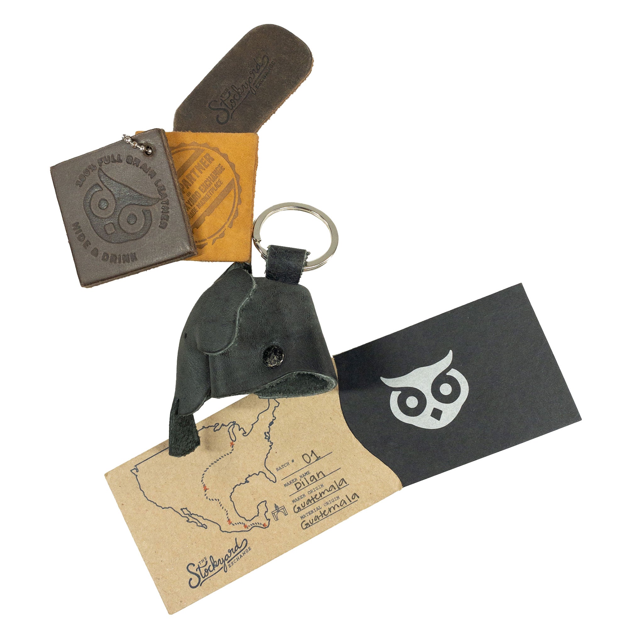 Artisan Full Grain Leather Animal Key Chain by Hide & Drink, beautifully crafted in the shape of an elephant. This adorable Critter Keychain is perfect as a fun fob charm and a practical animal key holder charm pendant, demonstrating small batch production quality.