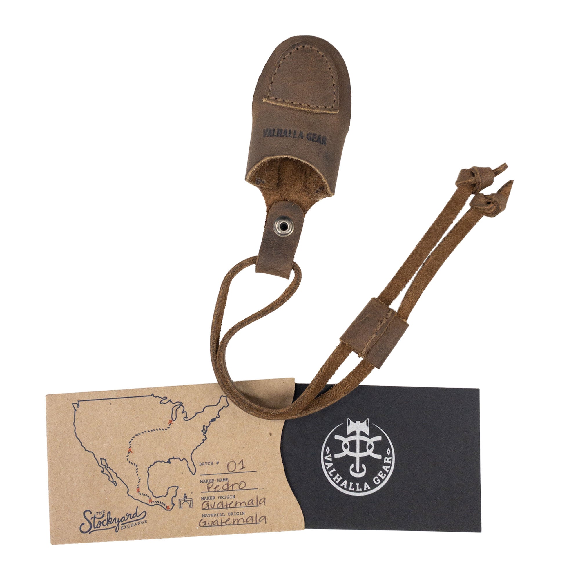 The Archery Thumb Finger Protector by Valhalla Gear displayed with its packaging, signifying its handcrafted origin. Made from premium full grain leather, this unique accessory supports sustainable practices in small batch production, perfect for dedicated archers.