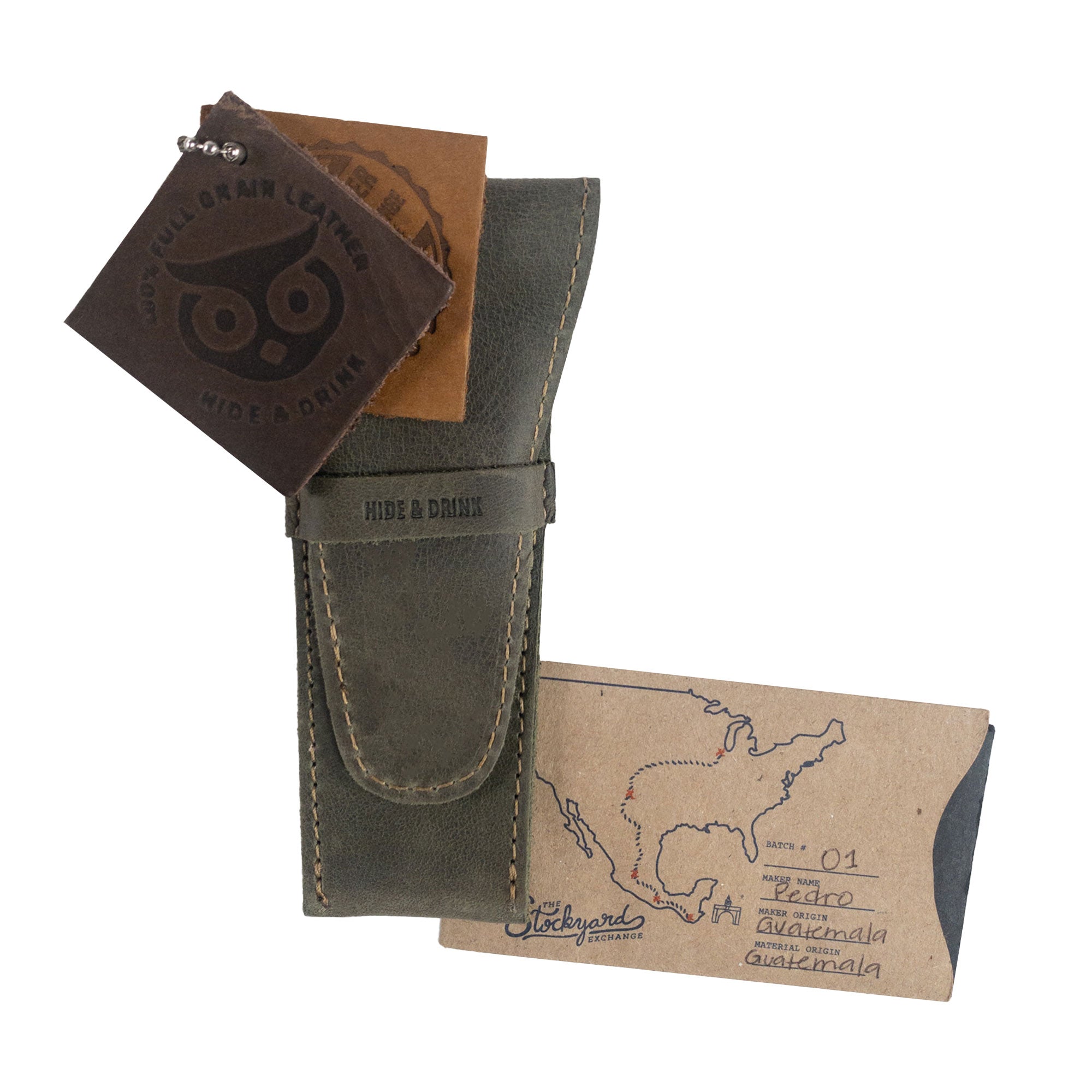 The Safety Razor Case by Hide & Drink, alongside artisan tags that highlight its handmade quality and origin in La Antigua Guatemala and Oaxaca Mexico. This full grain leather accessory is perfect for organizing your essential shaving accessories with a stylish flair.