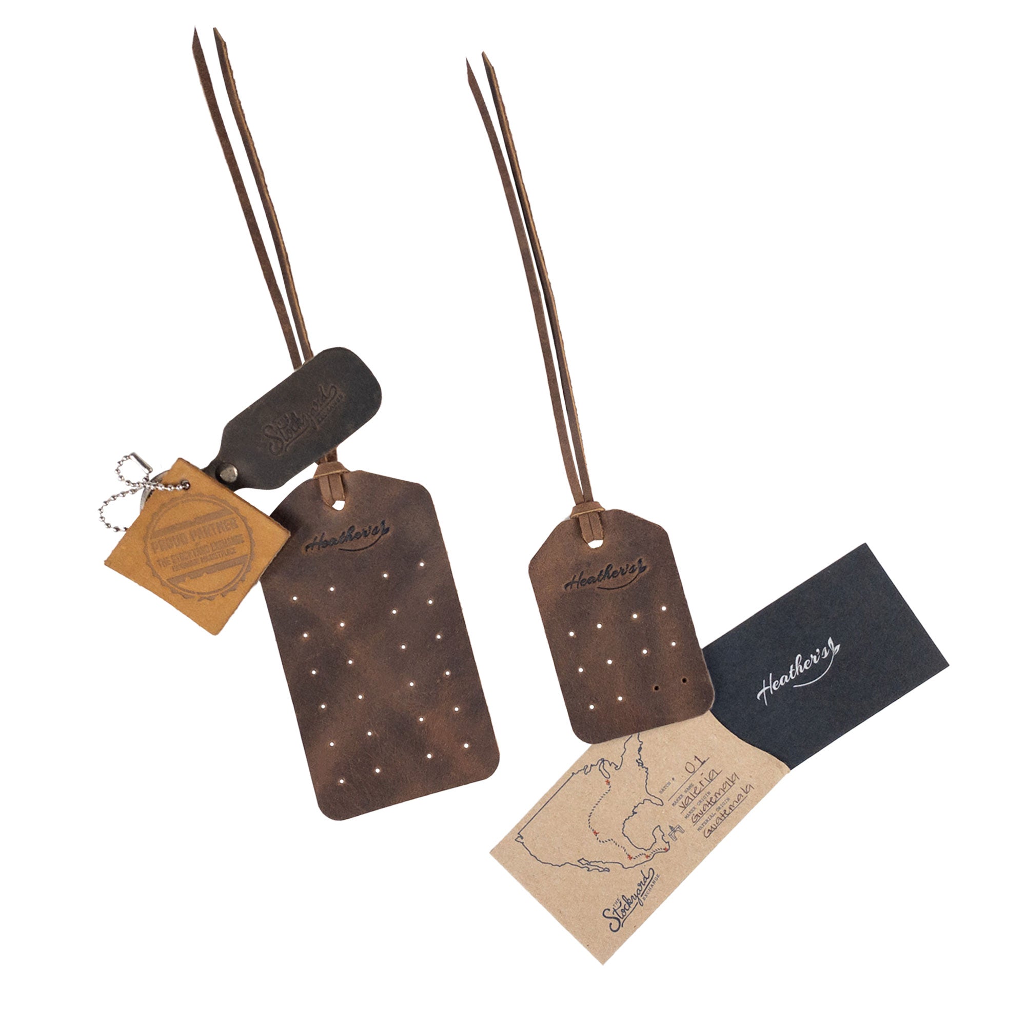 An overview of the Set of 2 Earring Tags by Heather's, showing dimensions for the leather tags and the detailed craftsmanship. Design features include pre-cut holes for earring display, making them an excellent travel accessory, with each tag handcrafted in La Antigua Guatemala & Oaxaca Mexico.