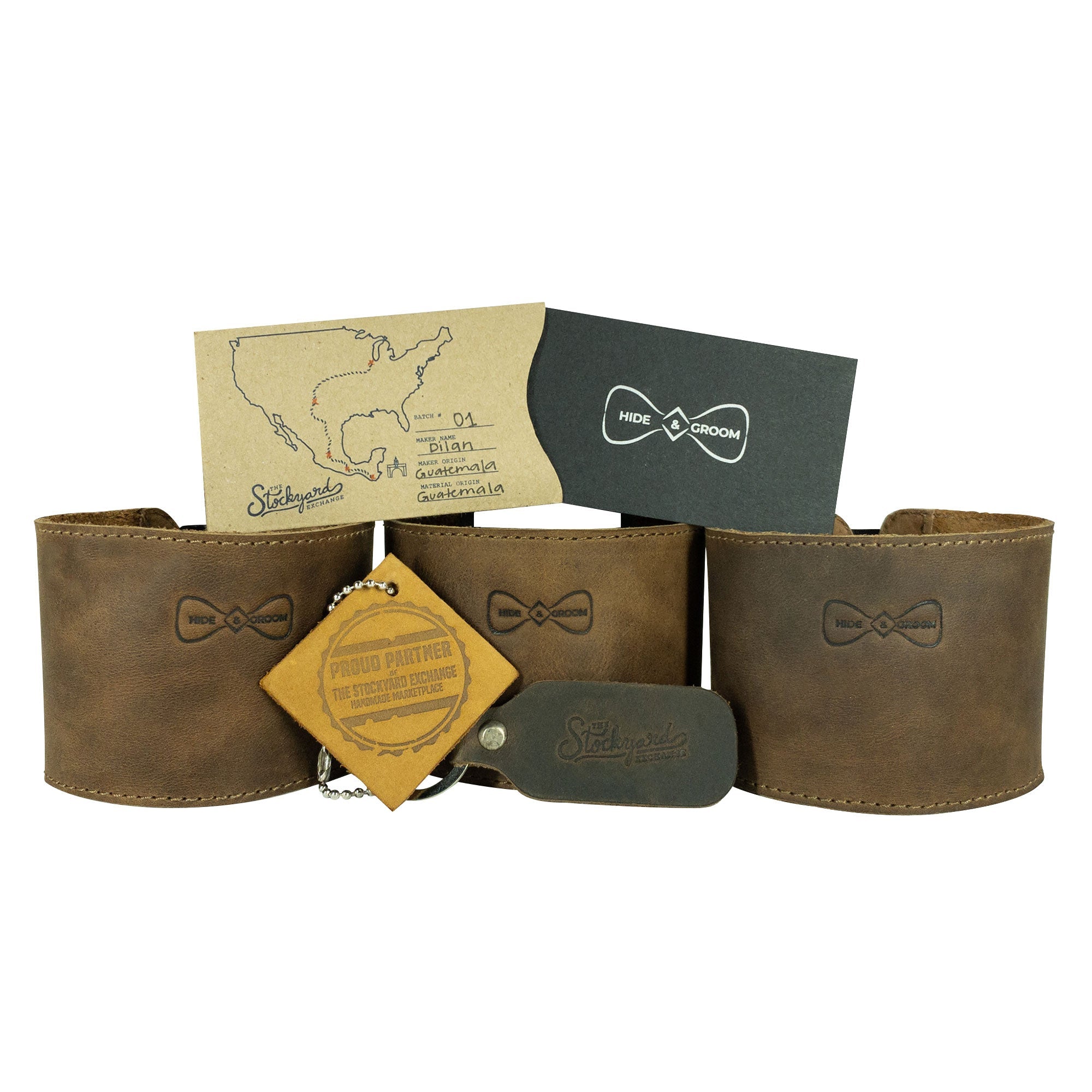 Specifications of the Set of 3 Drinking Glass Covers for Groomsmen by Hide & Groom, highlighting dimensions and details about the full grain leather material. Perfect for groomsmen gifts and wedding events, these artisan covers are made with hand cut, hand sewn craftsmanship and fire branding in La Antigua Guatemala & Oaxaca Mexico.