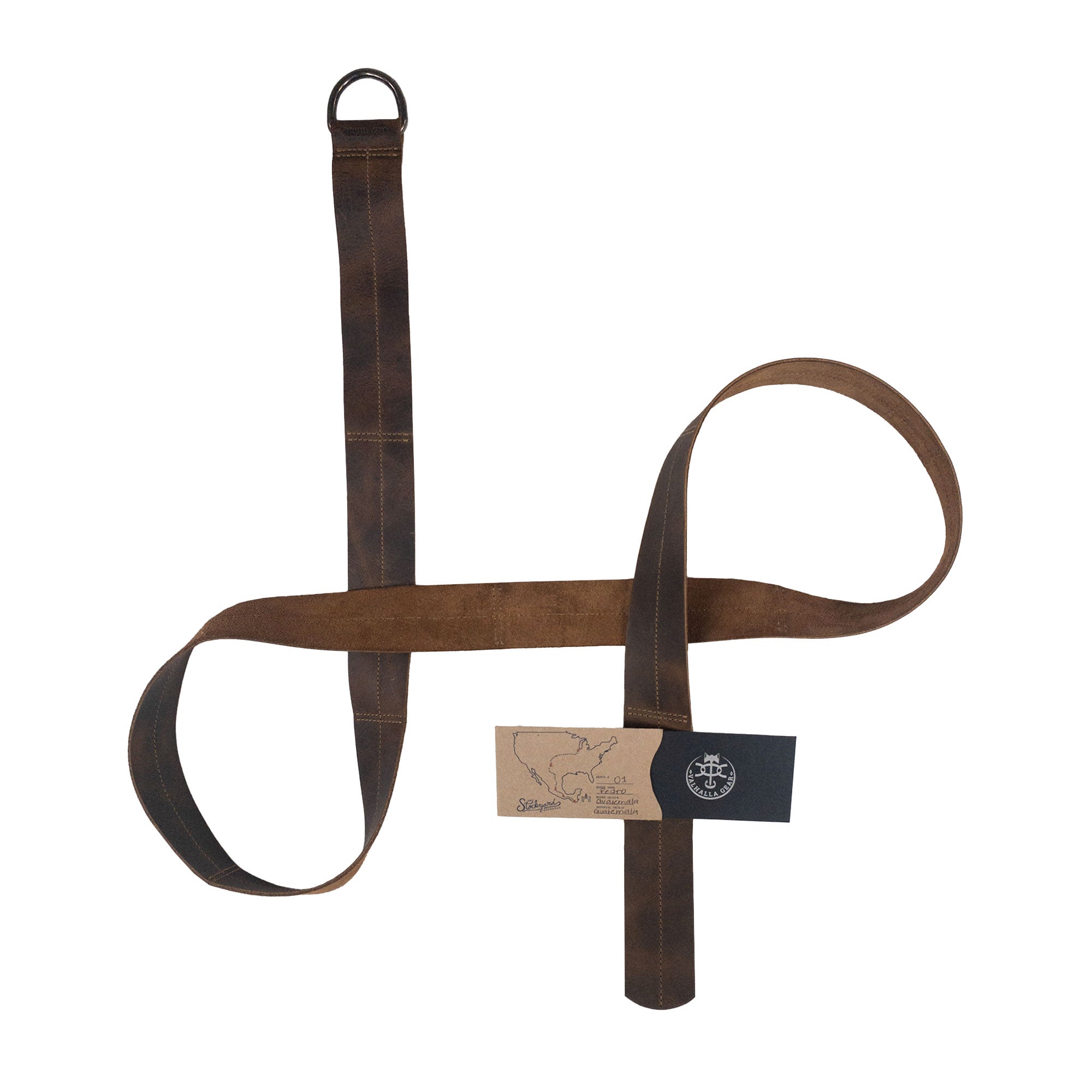 Overview of the Medieval Belt with Stitching from Valhalla Gear laid out flat, including its fire branded tag. Ideal for LARPing and costume parties, this Medieval Belt for Men with Stitching is a testament to handmade leathercraft from La Antigua Guatemala & Oaxaca Mexico, perfect for any fan of medieval gear.