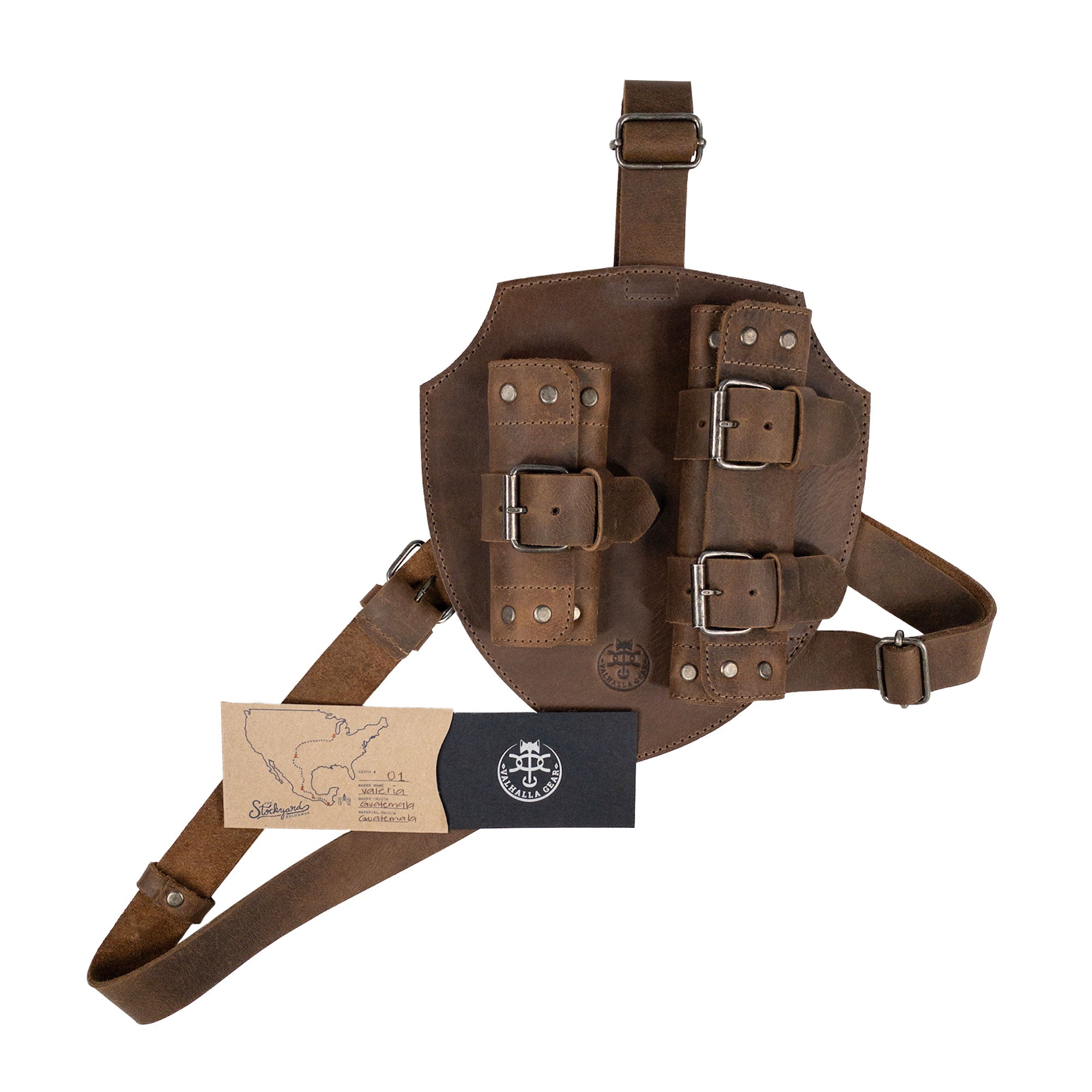 Packaging of the Medieval Back Double Sword Shoulder Frog by Valhalla Gear, including details on small batch production and artisan craftsmanship. This excellent addition to warrior costumes showcases the quality of full grain leather made in La Antigua Guatemala.