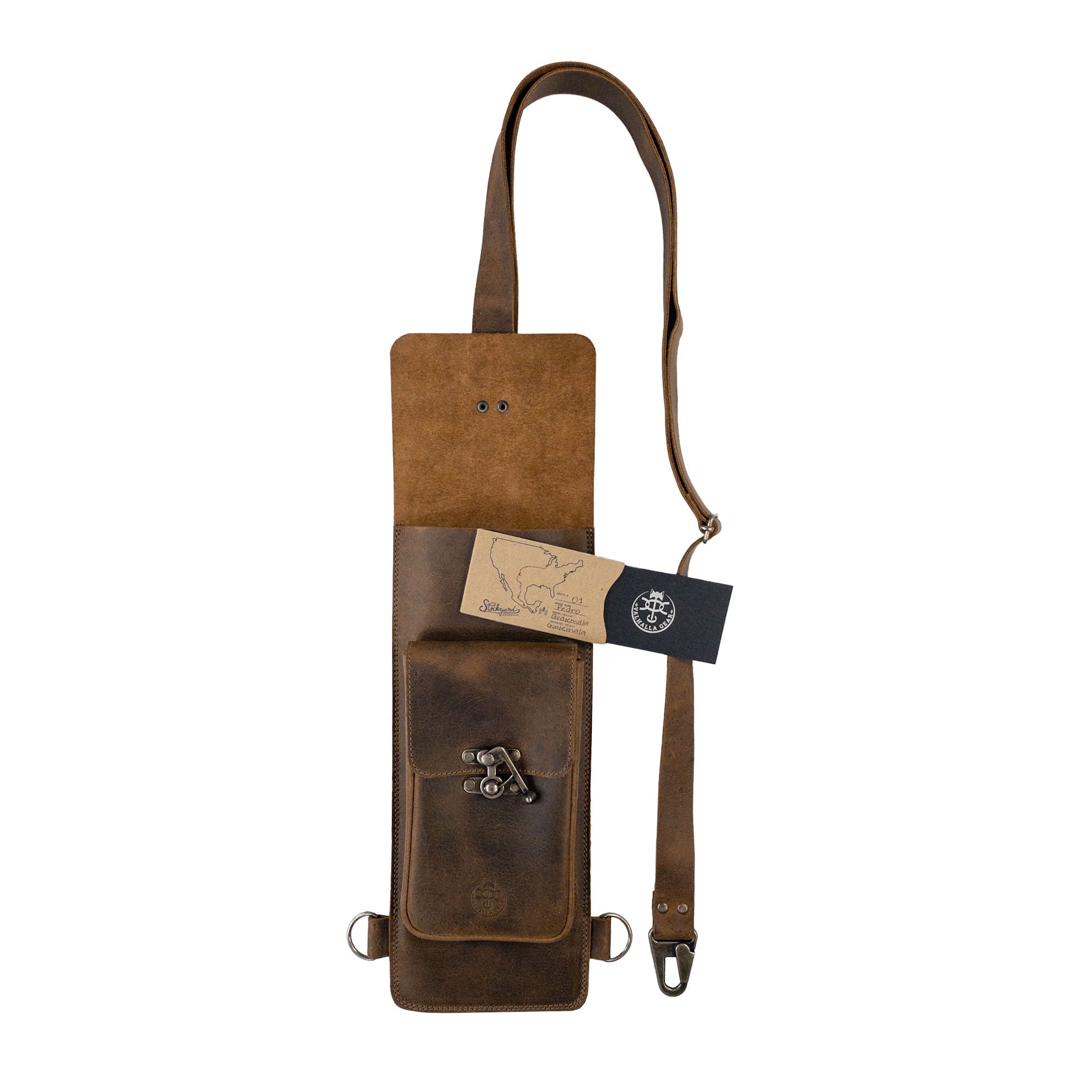 The Rectangular Archery Back Arrow Holder from Valhalla Gear with dimensions specified, demonstrating its practical design as a vintage quiver for shooting practice, made from durable full grain leather and handmade by artisans.