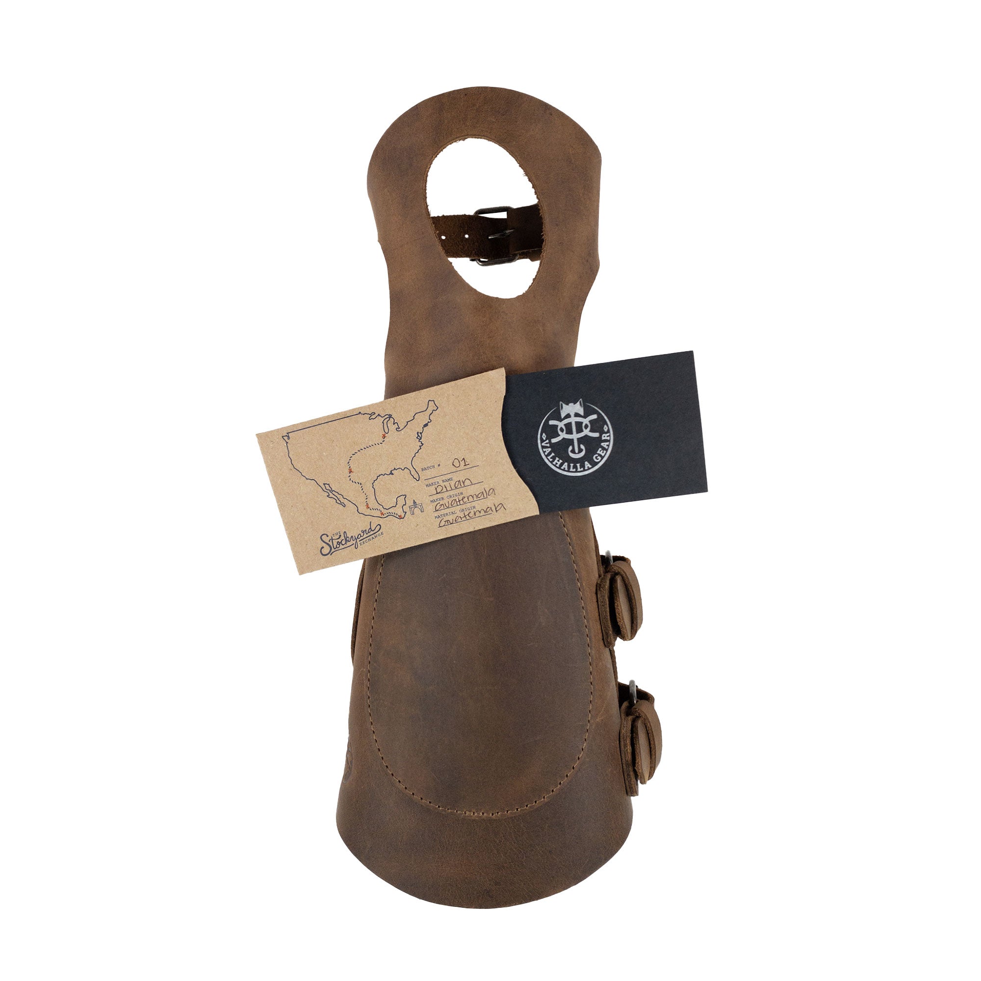 Packaging of the Archery Bracer with Thumb Slot by Valhalla Gear, highlighting its artisanal roots. This full grain leather wrist guard, perfect for knights and archers, features adjustable buckle straps. Each piece is handmade in La Antigua Guatemala, showcasing unique craftsmanship and attention to detail.