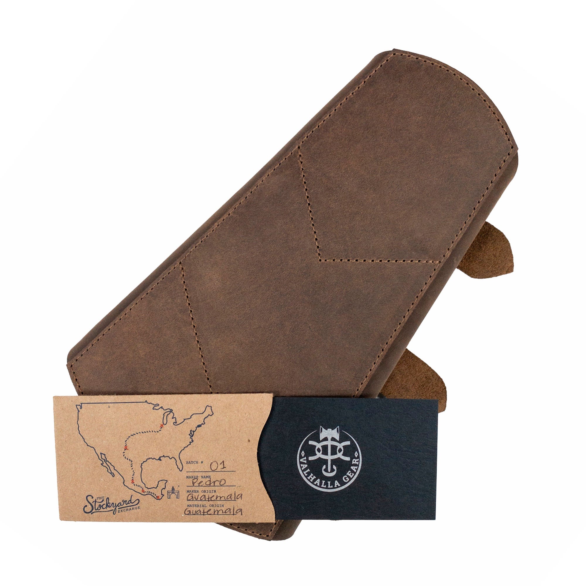 Valhalla Gear Archery Forearm Protector for Bow Shooting Practice presented alongside its tags and information, reinforcing its quality as an Arm Guard made from Full Grain Leather. Ideal for training and cosplay, this piece reflects StockyardX's philosophy of Small Batch Production, Hand Cut, Hand Sewn craftsmanship, and Fire Branded authenticity. Handmade in La Antigua Guatemala & Oaxaca Mexico.