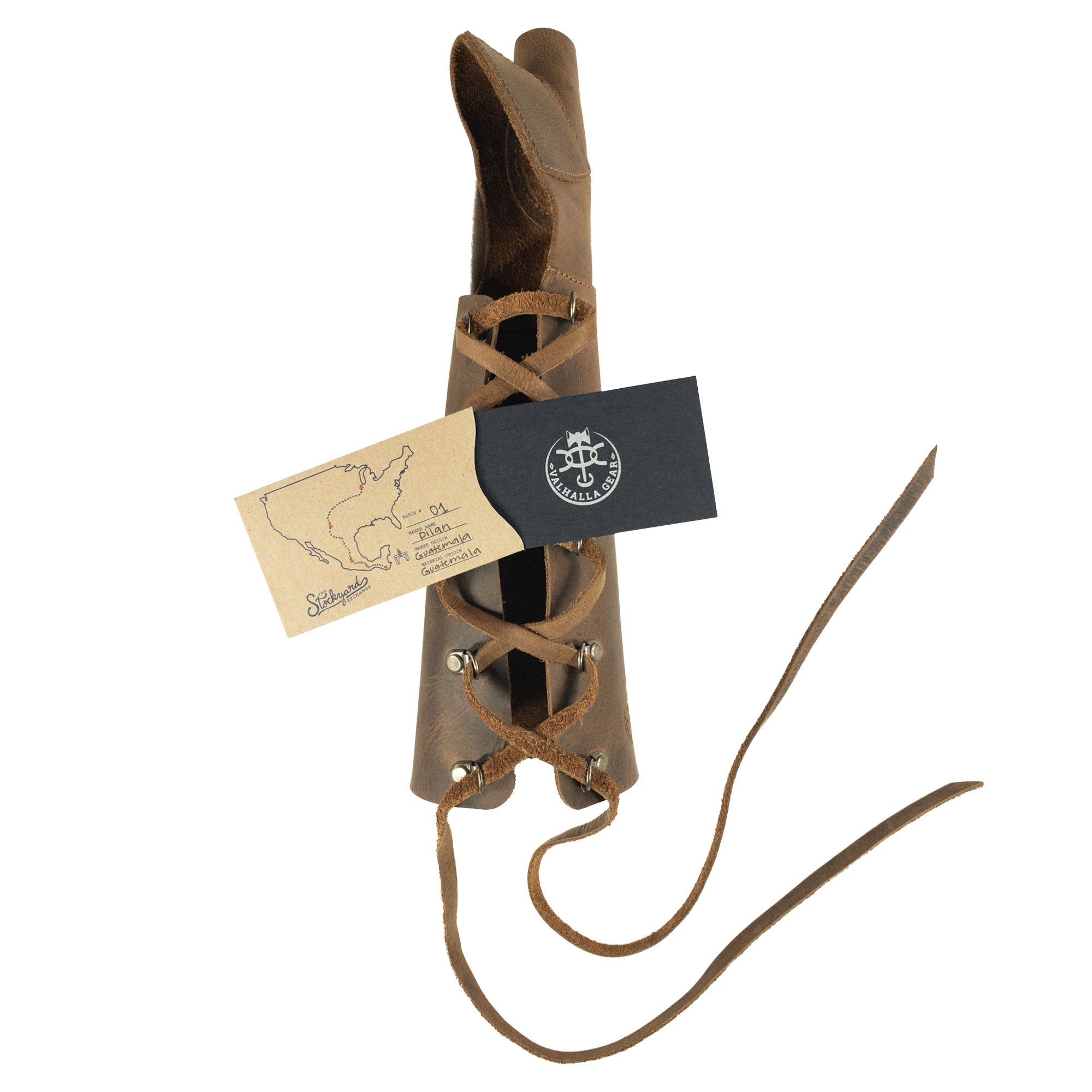 The Archery Forearm Protector by Valhalla Gear displayed with its packaging, emphasizing its artisan quality and full grain leather. This arm guard is perfect for bow shooting practice, cosplay, and training, representing the handmade tradition from La Antigua Guatemala & Oaxaca Mexico.