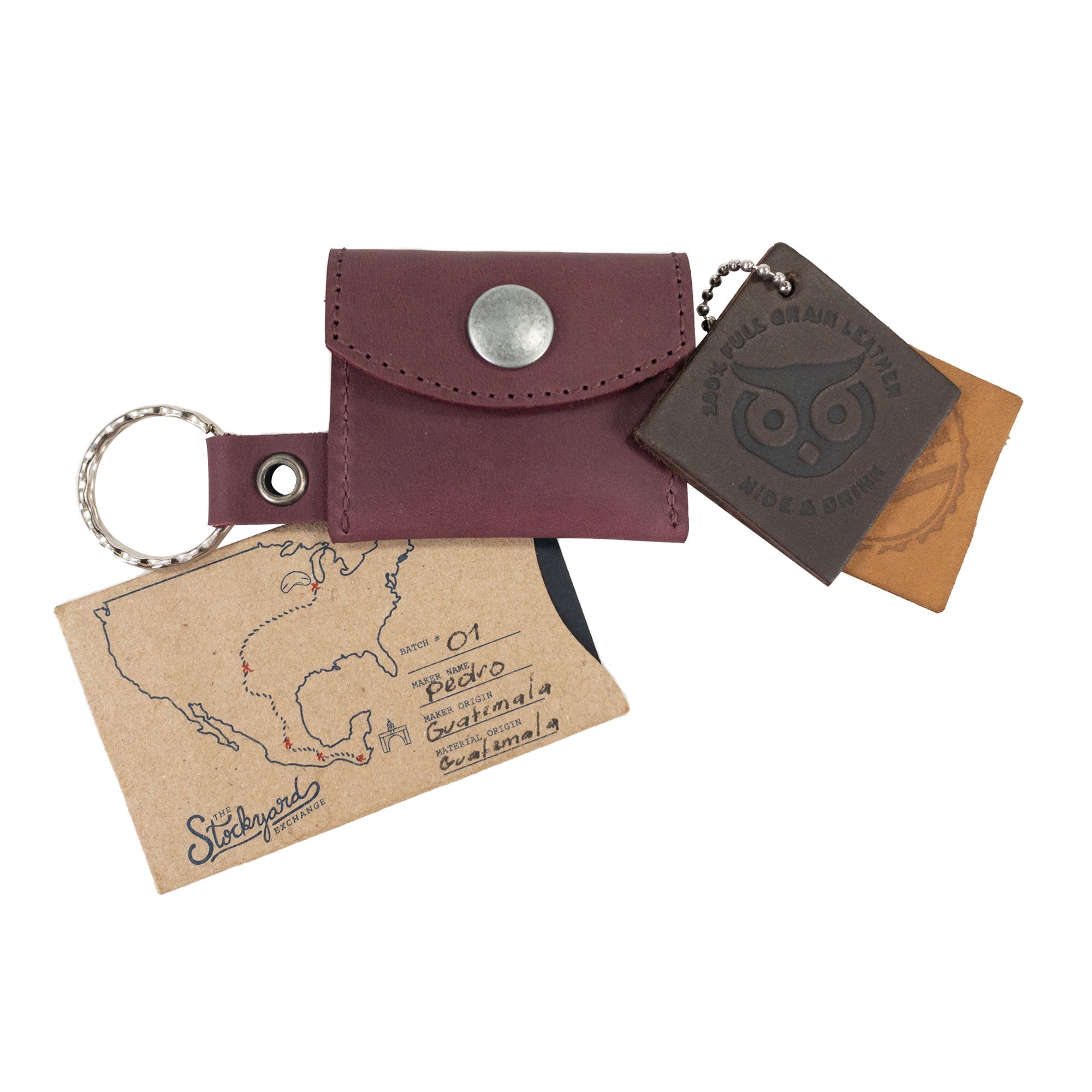 Detailed view of the Tiny Coin Holder Keychain by Hide & Drink showcasing its artisan features and premium Full Grain Leather. This Tiny Coin Holder is an example of small batch production.