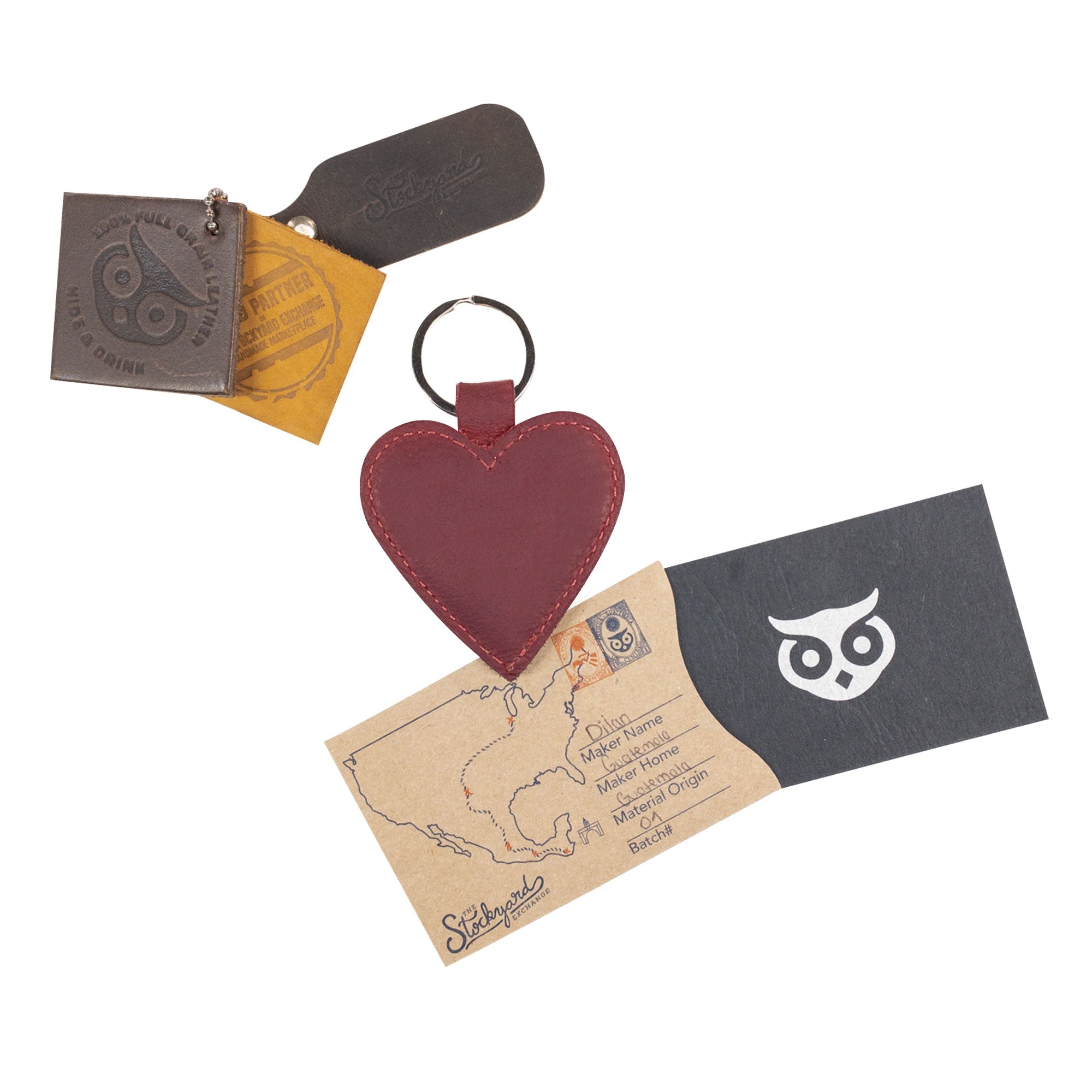 Heart Keychain by Hide & Drink, displayed alongside its product packaging, emphasizing its artisan handmade quality. This heart-shape keychain is crafted from Full Grain Leather and serves as a stylish key organizer. Handmade in La Antigua Guatemala & Oaxaca Mexico, it’s the perfect cute accessory thanks to its small batch production.