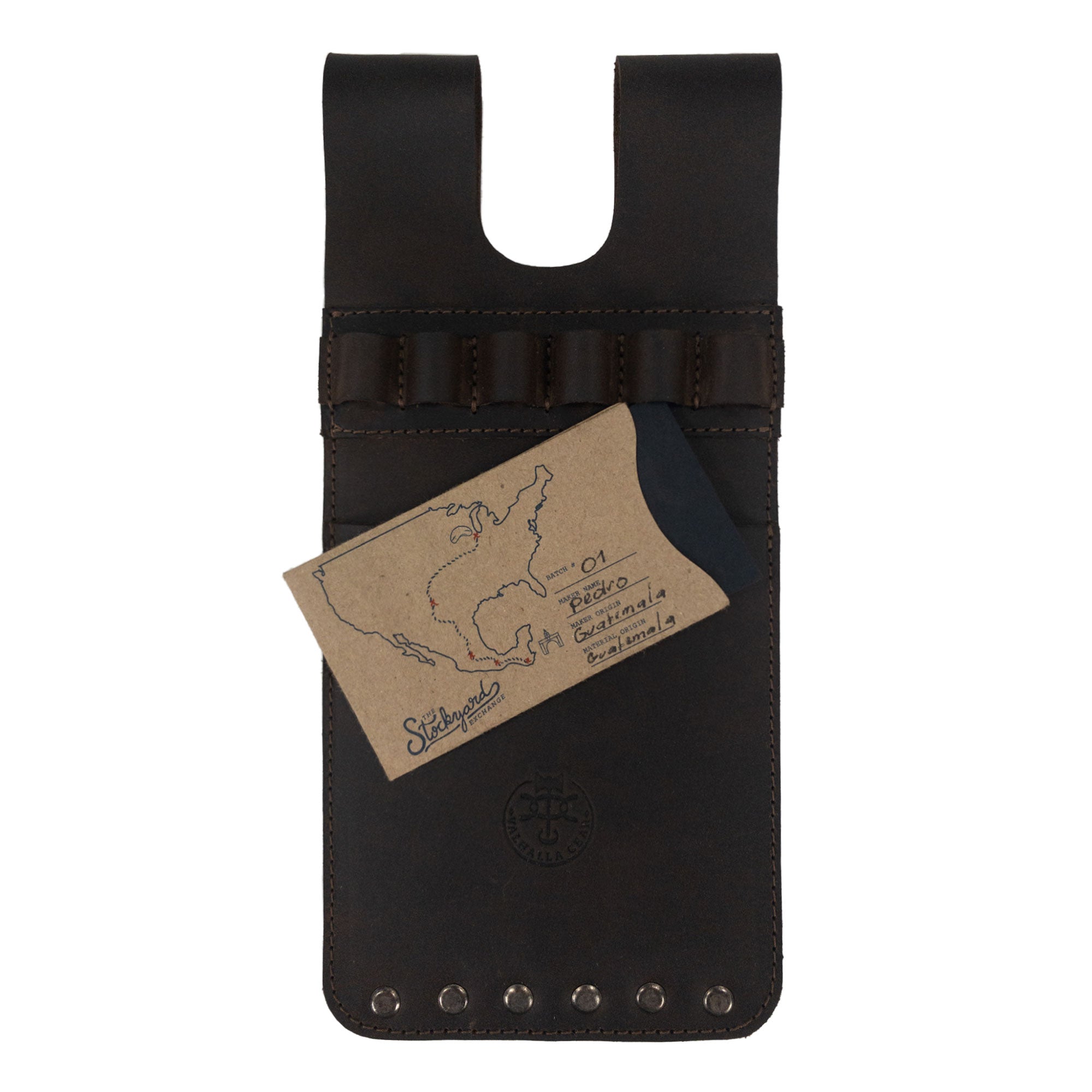 The 6 Arrow Back Quiver for Pocket by Valhalla Gear, displayed with a card showcasing its origins. Made from Full Grain Leather, this handmade quiver illustrates the commitment to artisan craftsmanship, small batch production, and hand cut and hand sewn details that define Valhalla Gear.