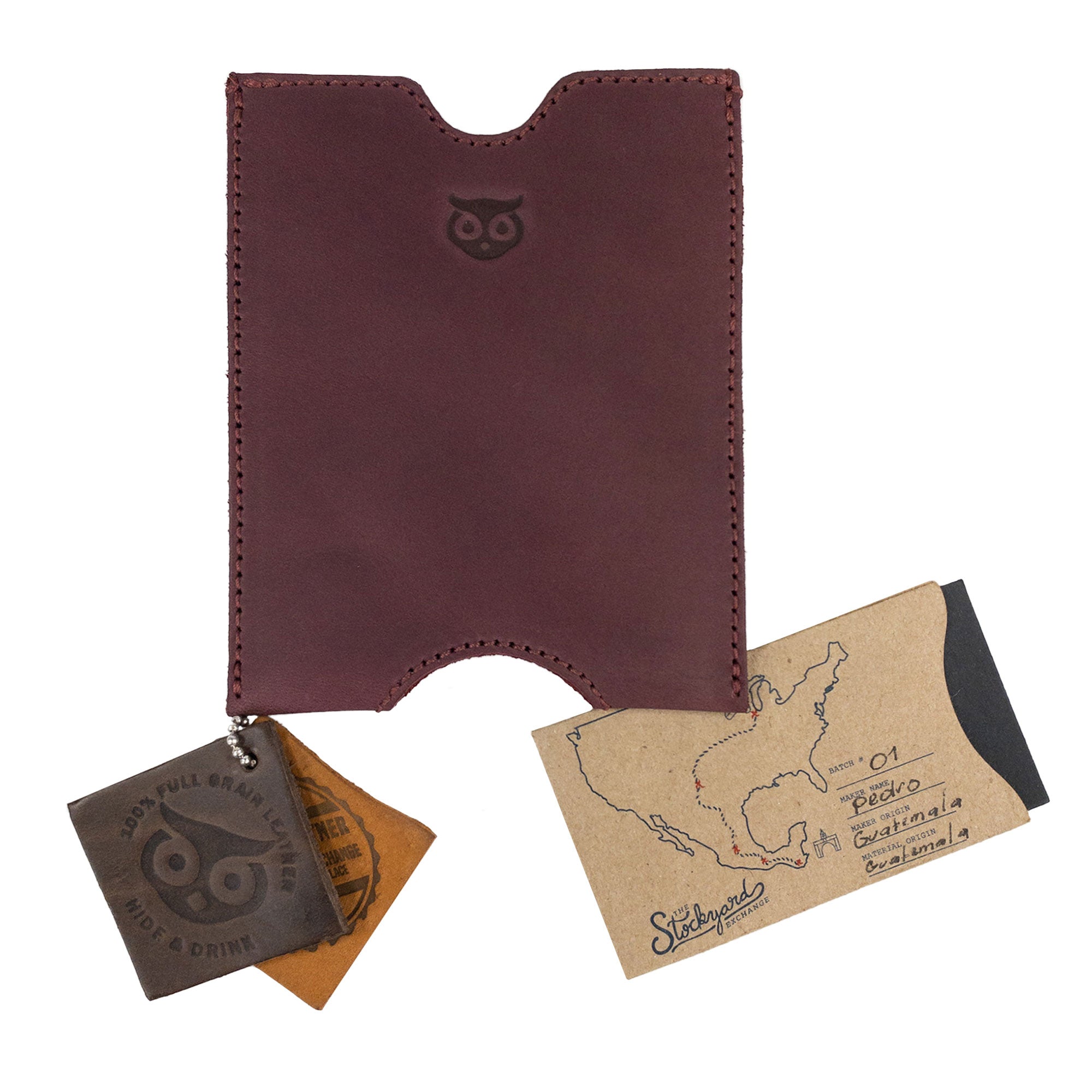 Hide & Drink Passport Sleeve with artisanal tags revealing its origins, reinforcing the handmade quality and special characteristics of this Travel Passport Pocket Sleeve made from Full Grain Leather. This artisan-crafted piece is rooted in small batch production and quality craftsmanship coming from La Antigua Guatemala & Oaxaca Mexico.