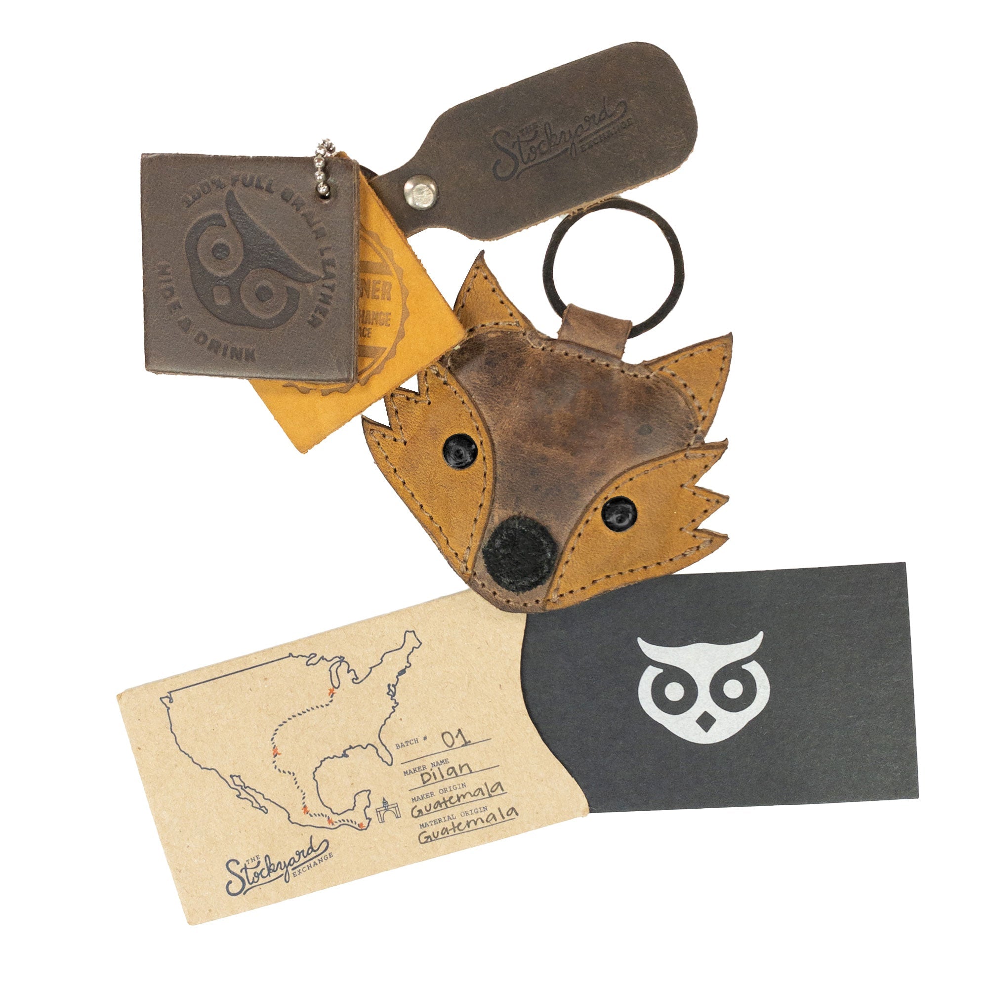 Collection of Hide & Drink products including the Fox Keychain, beautifully showcasing the handmade quality and artisan craftsmanship. This key ring made from Full Grain Leather is a perfect wildlife-themed accessory, designed with small batch production values in La Antigua Guatemala & Oaxaca Mexico.