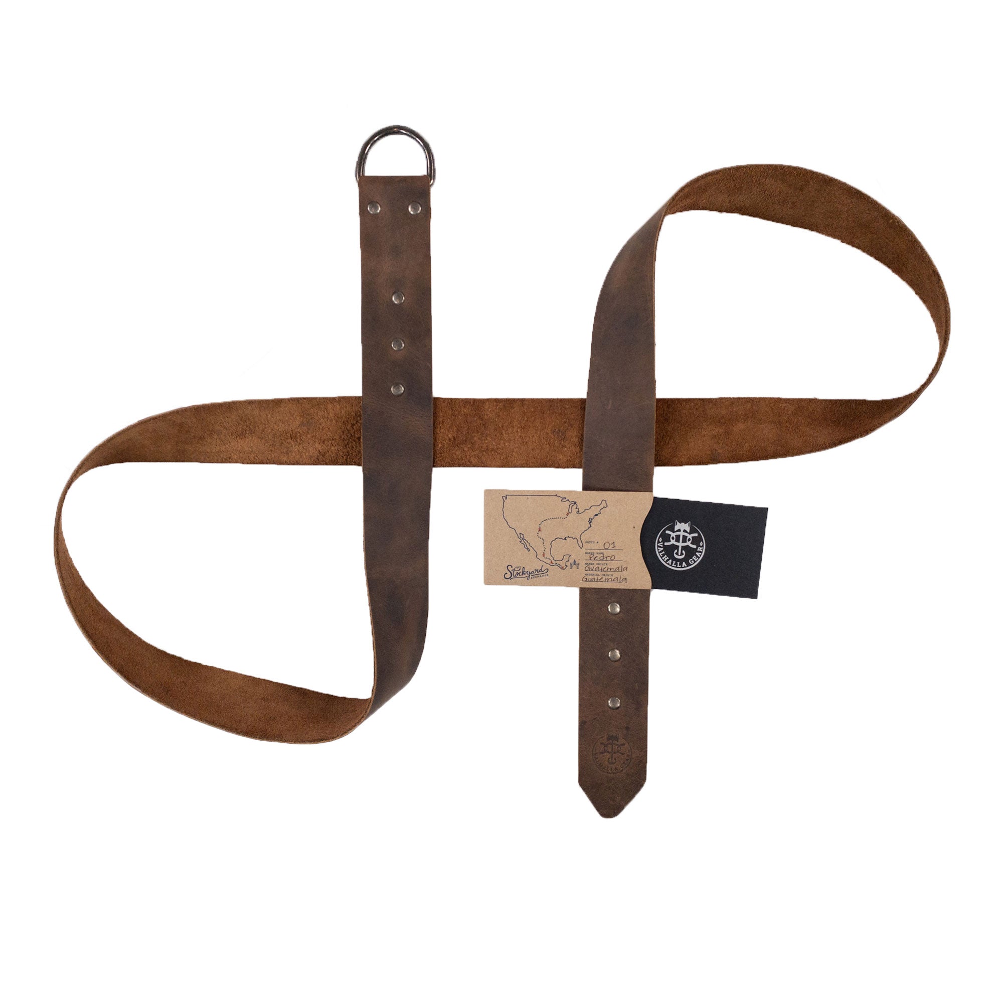 Artistic arrangement of Valhalla Gear's Leather Medieval Belt, featuring supporting tags and showcasing its Full Grain Leather construction. This Renaissance Viking Belt for Men is a versatile waist accessory for cosplay or Halloween. Handmade with care in La Antigua Guatemala, it highlights the craftsmanship of small batch production, embodying the spirit of Viking culture.