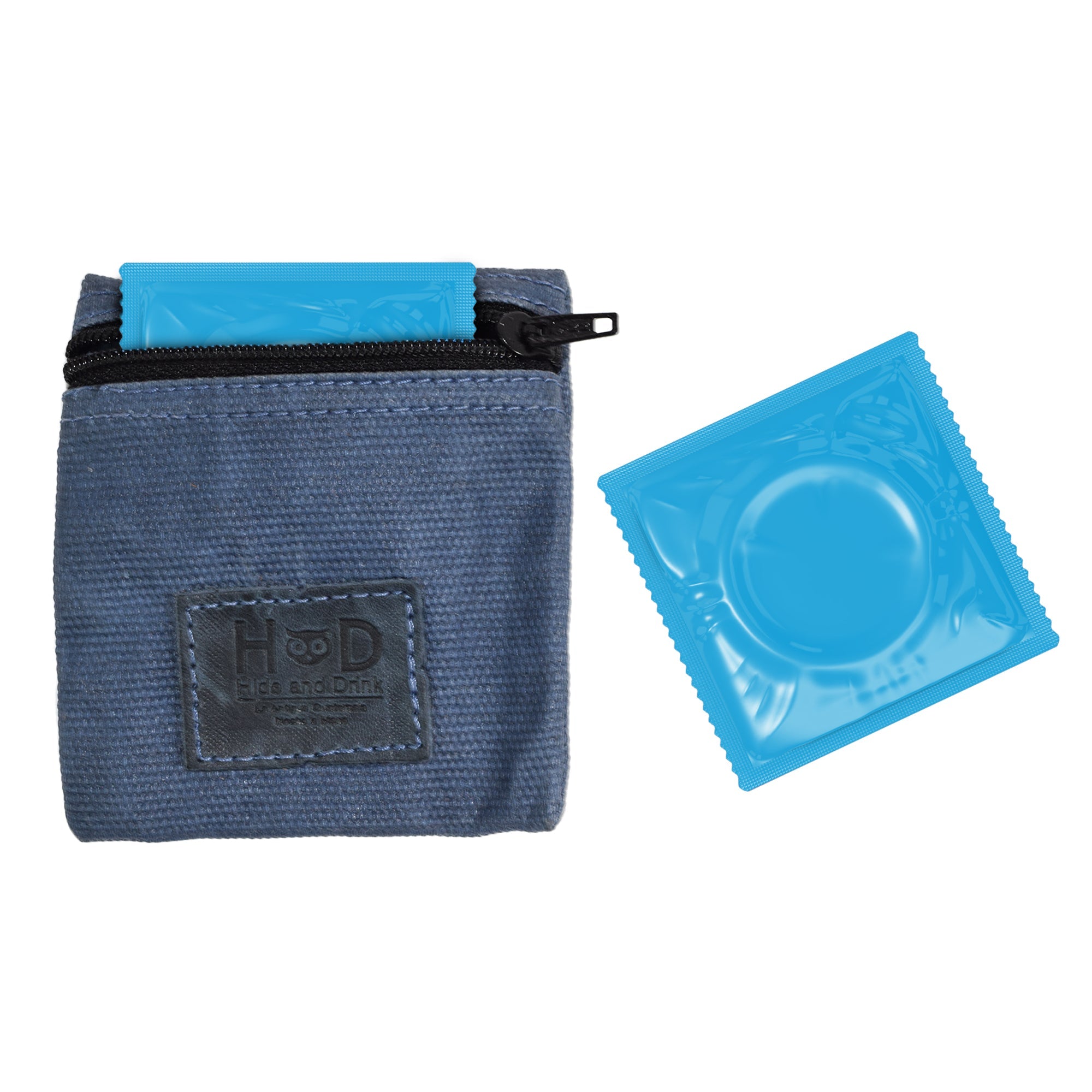 Hide & Drink Condom Pouch displaying a blue condom, made with durable water resistant waxed canvas. A practical accessory for change or tech, this pouch is a versatile classic partner gift. Handmade in La Antigua Guatemala signifies artisan excellence and small batch production.