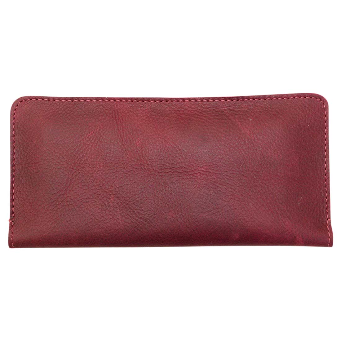 Exterior view of the closed red bifold wallet for cellphone by Hide & Drink, crafted with care. This Bifold Wallet for Cellphone highlights the beauty of Full Grain Leather, ensuring durability. Proudly made through small batch production, this artisan wallet is crafted in La Antigua Guatemala & Oaxaca Mexico.