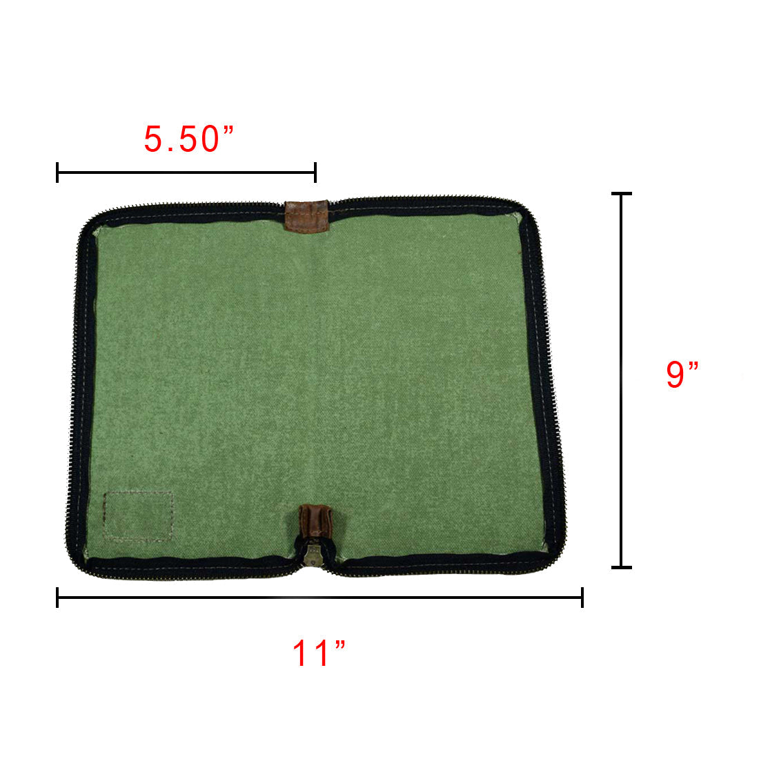 Interior view showing the dimensions and functionality of the Waxed Canvas Zippered Journal Cover for Moleskine (Notebook NOT Included) by Hide & Drink. Ideal for Cahier Cases, showcasing expert craftsmanship with Full Grain Leather, designed by artisans in La Antigua Guatemala & Oaxaca Mexico.