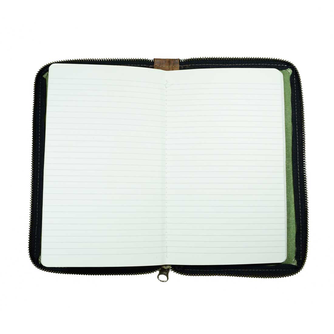 Front view of Waxed Canvas Zippered Journal Cover for Moleskine (Notebook NOT Included) by Hide & Drink, emphasizing stylish design and durability. A classic Cahier Case made from Full Grain Leather, artisan-crafted in La Antigua Guatemala & Oaxaca Mexico.