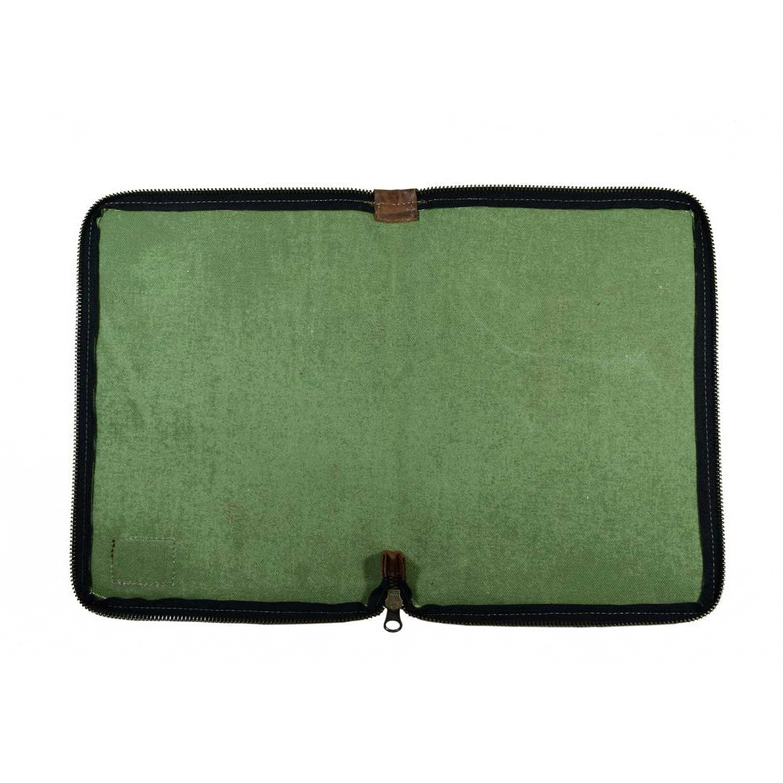 Interior of the Waxed Canvas Zippered Journal Cover for Moleskine (Notebook NOT Included) by Hide & Drink, displaying its unique design and green Canvas lining. Ideal for Cahier Cases, crafted with Full Grain Leather in La Antigua Guatemala & Oaxaca Mexico.