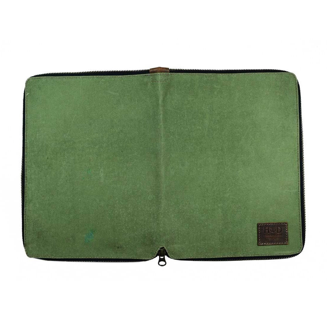 Open view of the Waxed Canvas Zippered Journal Cover for Moleskine (Notebook NOT Included) by Hide & Drink, featuring a sturdy green Canvas design. Great for Cahier Cases and perfect for writing, handmade in La Antigua Guatemala & Oaxaca Mexico.