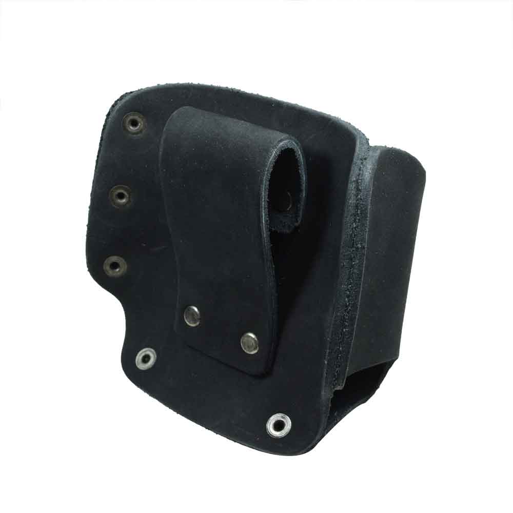 Side view of Hide & Drink's Large Tape Holster, showing off its sturdy construction and unique design features. This handmade tool holster is essential for carpenters and electricians.