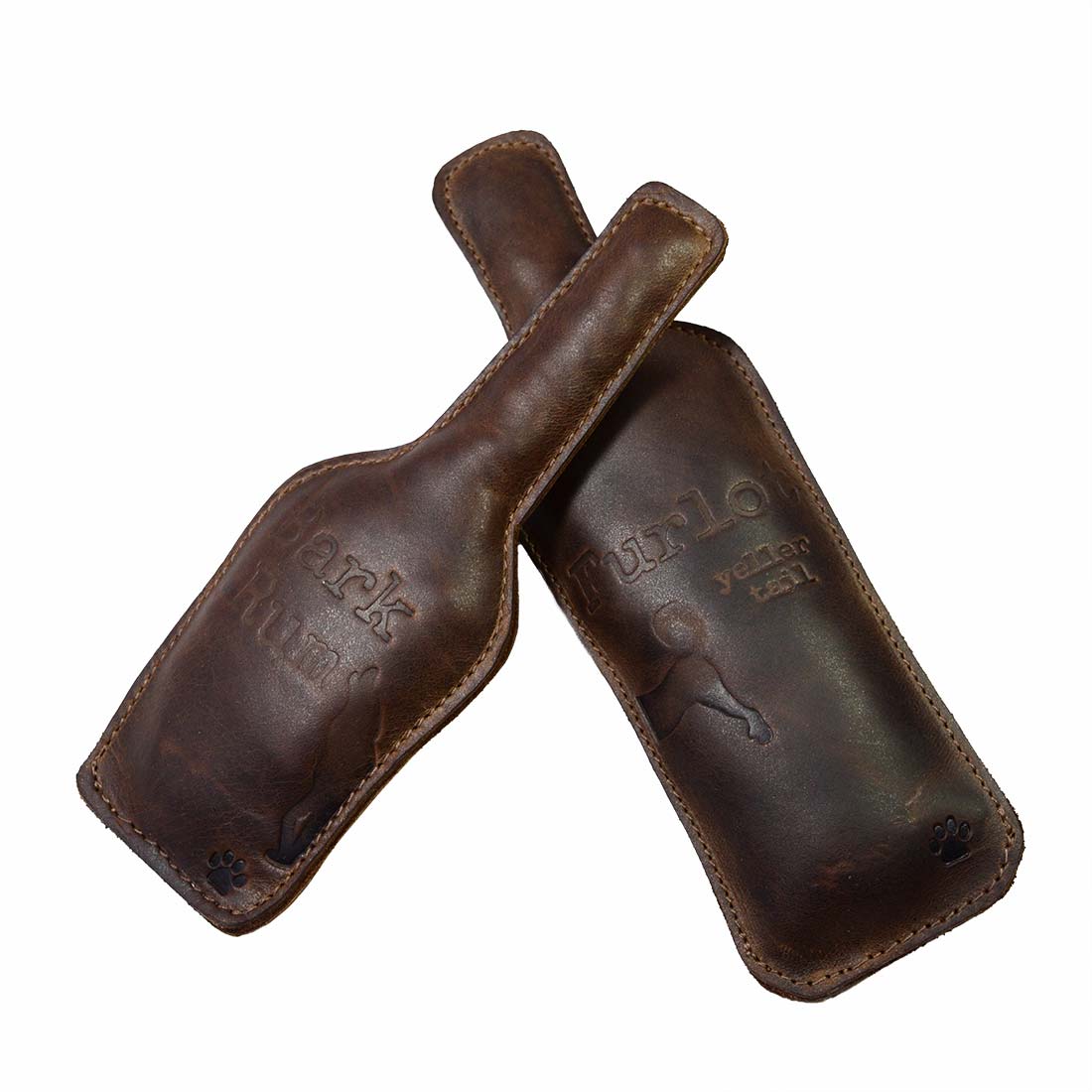 Chew Toy for Dogs Drinking Theme by Hide & Drink presents two drink-themed dog chew toys, including 'Bark Rum' and 'Furlo'. These durable pet toys are made from high-quality full grain leather and showcase the artisans' skill with small batch production, hand cut, hand sewn, and fire branded in La Antigua Guatemala & Oaxaca Mexico.