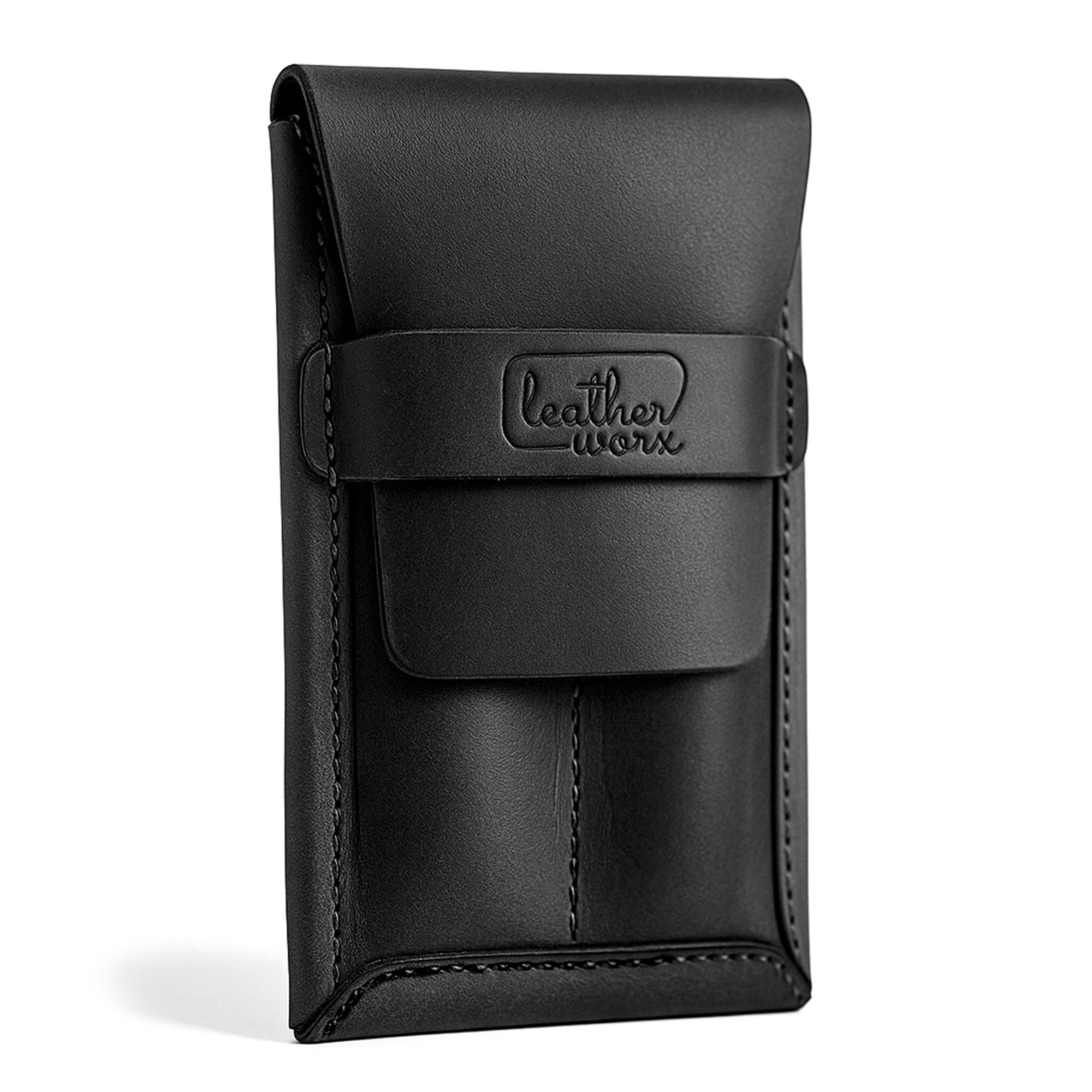 Stylish black variant of the Leather Worx Double Pen Case, made from durable Full Grain Leather. This design emphasizes StockyardX's Small Batch Production with each case being Hand Cut and Hand Sewn by skilled artisans, proudly Fire Branded and Handmade in La Antigua Guatemala.