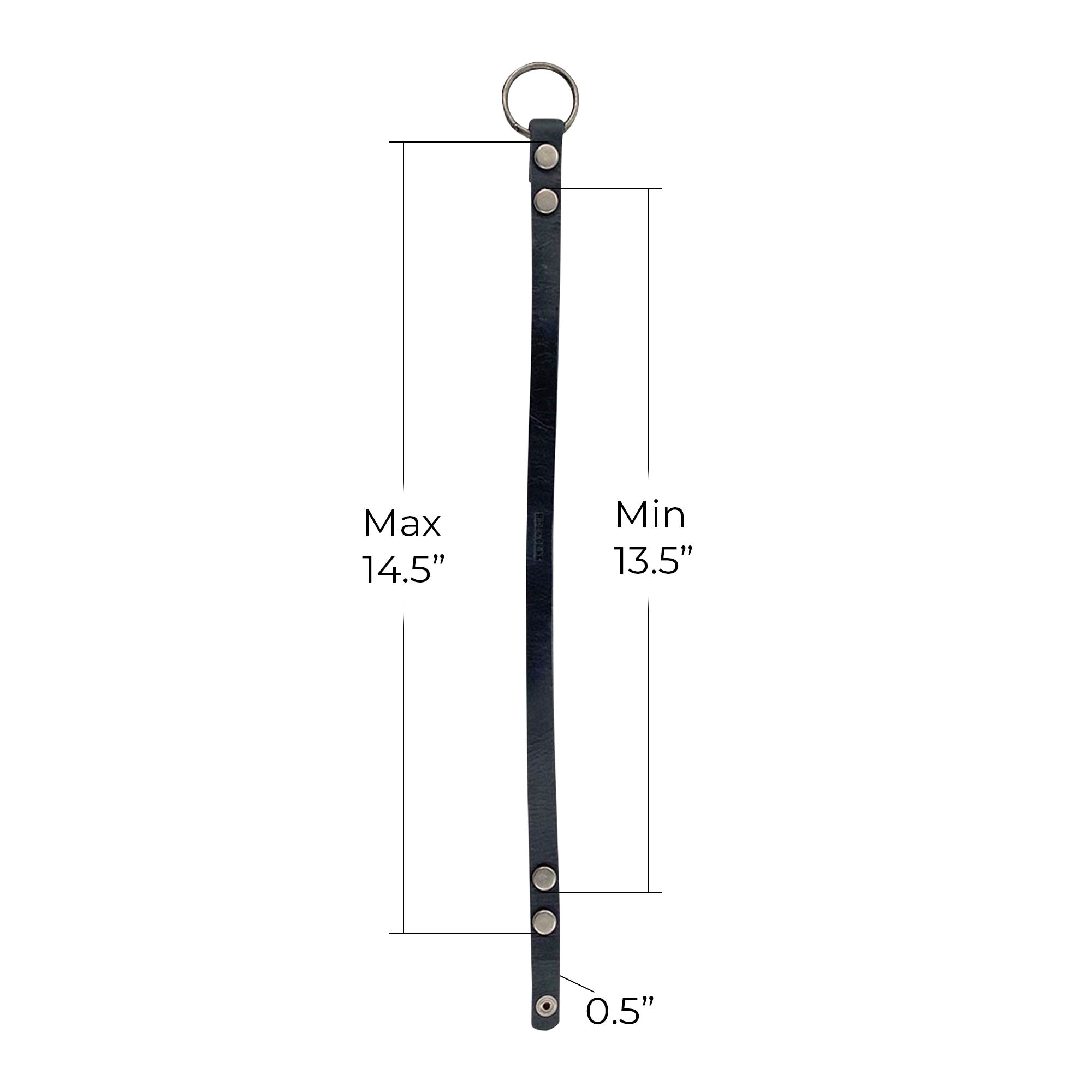 Measurement details of the Goth Choker by Hide & Drink, including adjustable lengths and the elegant design of the full grain leather, creating a personalized fit and stylish vibe. Goth Choker - Stylish Necklace, Trendy Accessory, Soft, Durable Collar - Punk Style with Metal Ring and Hardware, Adjustable, Full Grain Leather, StockyardX, Small Batch Production, Hand Cut, Hand Sewn, Fire Branded, Artisan, Handmade in La Antigua Guatemala & Oaxaca Mexico.