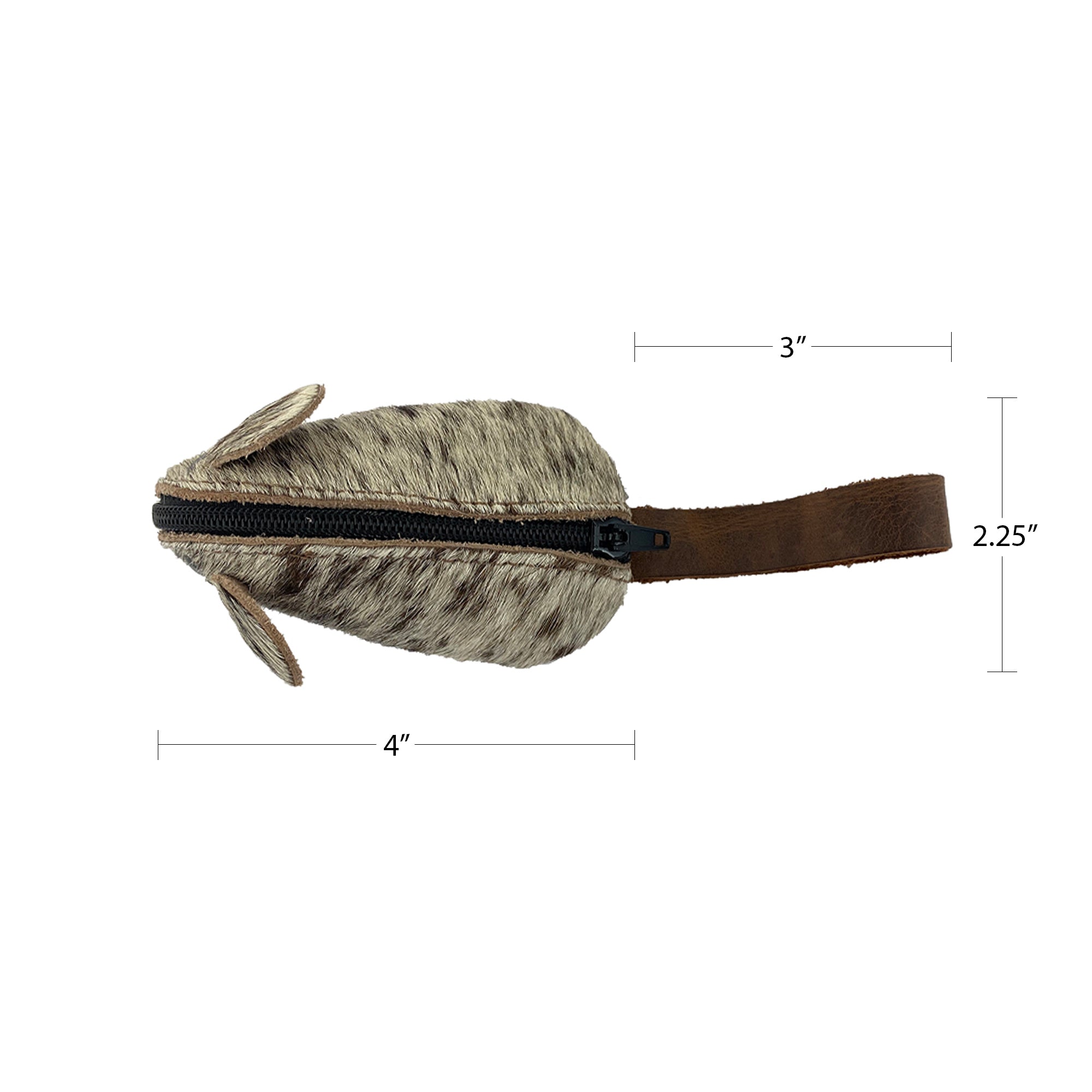 Measuring dimensions of the Hide & Drink Mouse Coin Pouch highlight its compact size and practical design. This fun, mouse-shaped change pouch is crafted from durable full grain leather, representing the artisan quality and hand-sewn tradition from La Antigua Guatemala.