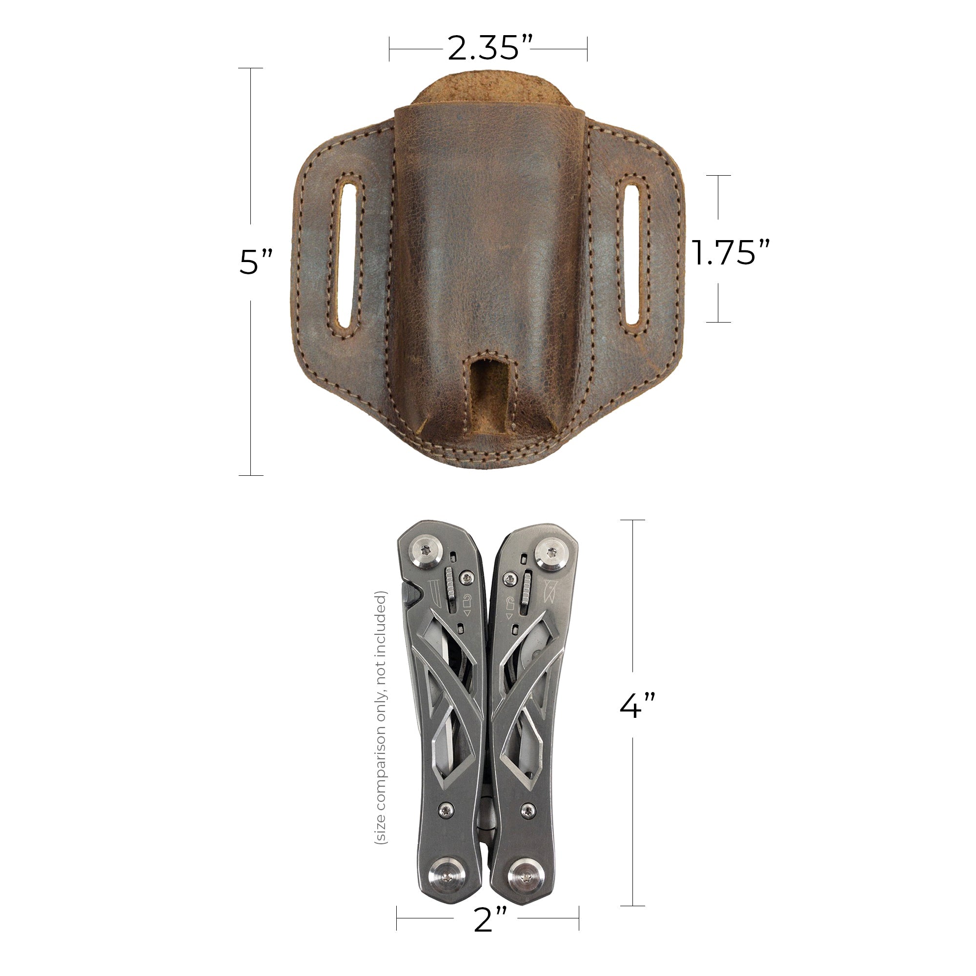 Size comparison of the Multitool Belt Sheath from Hide & Drink alongside a multitool. This image emphasizes the functionality and design as a Multi-Tool Holder for Belt, made from full grain leather and hand sewn in La Antigua Guatemala & Oaxaca Mexico.