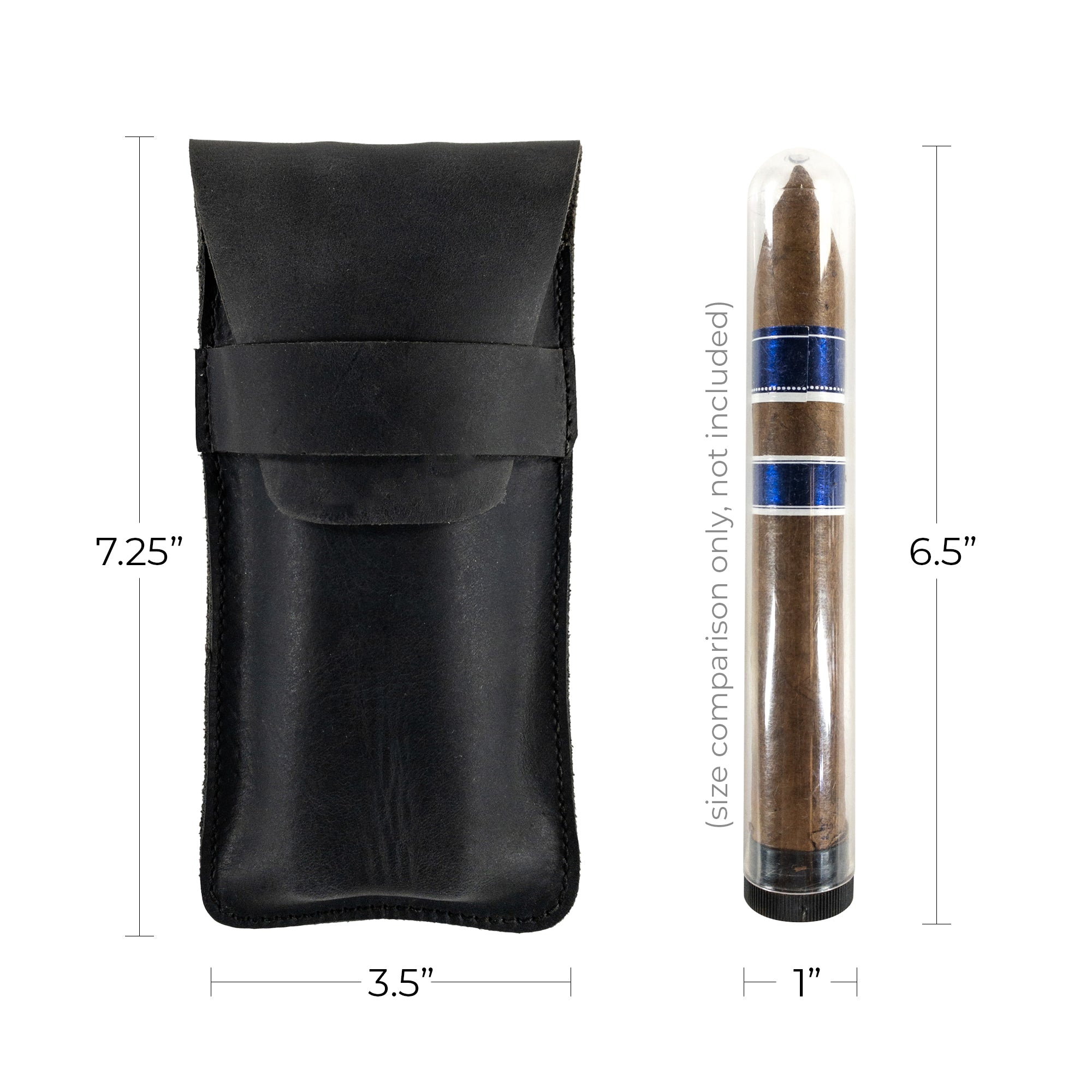 Hide & Drink Cigar Holder with a stylish card included, depicting a slim case for three 50 ring cigars. This all-purpose holder is made from rustic full grain leather and emphasizes artisan craftsmanship, handmade in La Antigua Guatemala through small batch production.