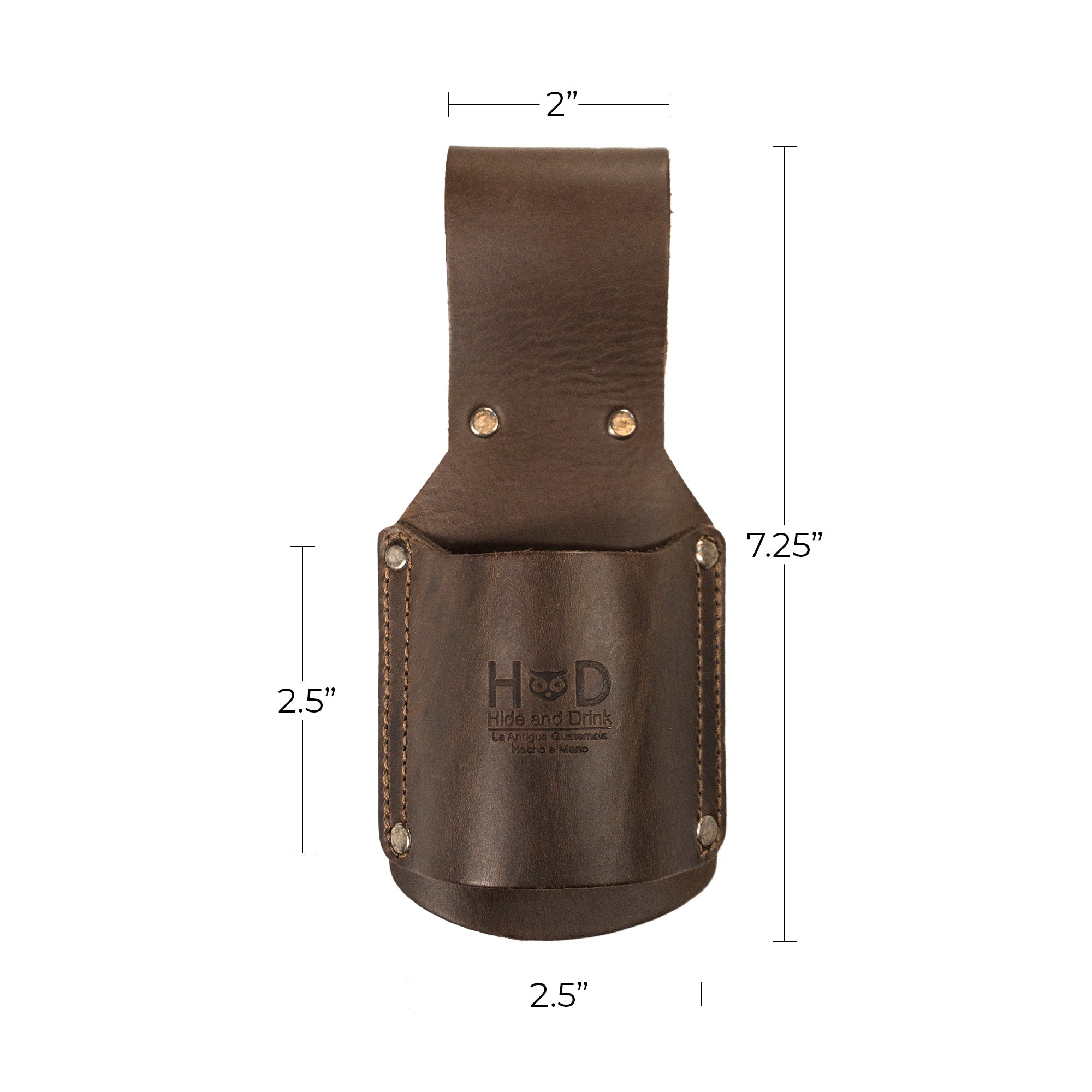 Side view of the Hammer Holster by Hide & Drink with detailed dimensions for electricians and construction use. Crafted from premium Full Grain Leather, this handmade organizer is perfect for holding tools securely. Hammer Holster - Electrician & Construction, Tool Holder, Organizer, Sheath, Case, Woodwork & Handcraft, Full Grain Leather, StockyardX, Small Batch Production, Hand Cut, Hand Sewn, Fire Branded, Artisan, Handmade in La Antigua Guatemala & Oaxaca Mexico.