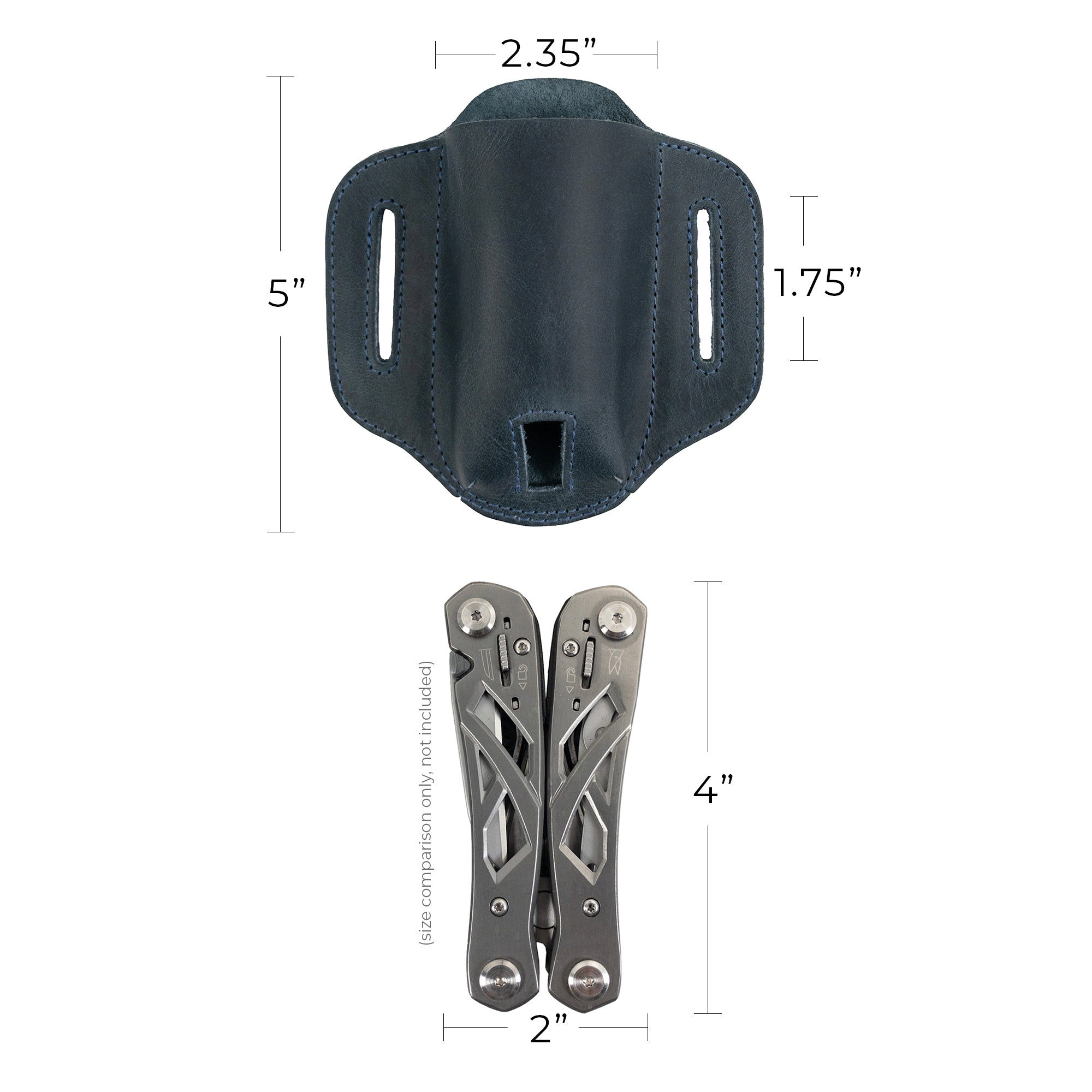 Size comparison of the navy Multitool Belt Sheath from Hide & Drink next to a multitool. This unique item serves as a multi-tool holder for belt, handcrafted from full grain leather for reliable use during outdoor activities.