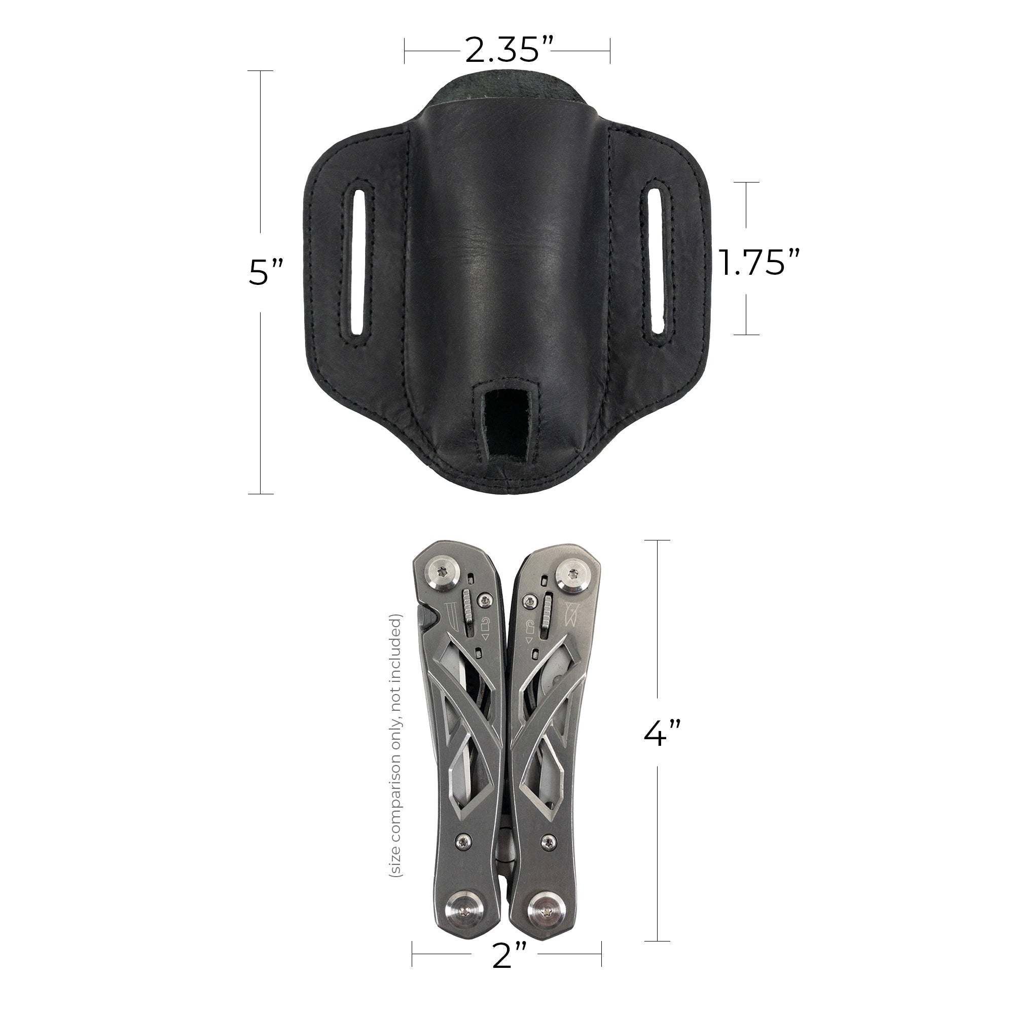 Size comparison of the black Multitool Belt Sheath from Hide & Drink with a multitool, ideal for outdoor adventures. This multipurpose full grain leather tool holder for belt is hand sewn and fire branded for added authenticity.
