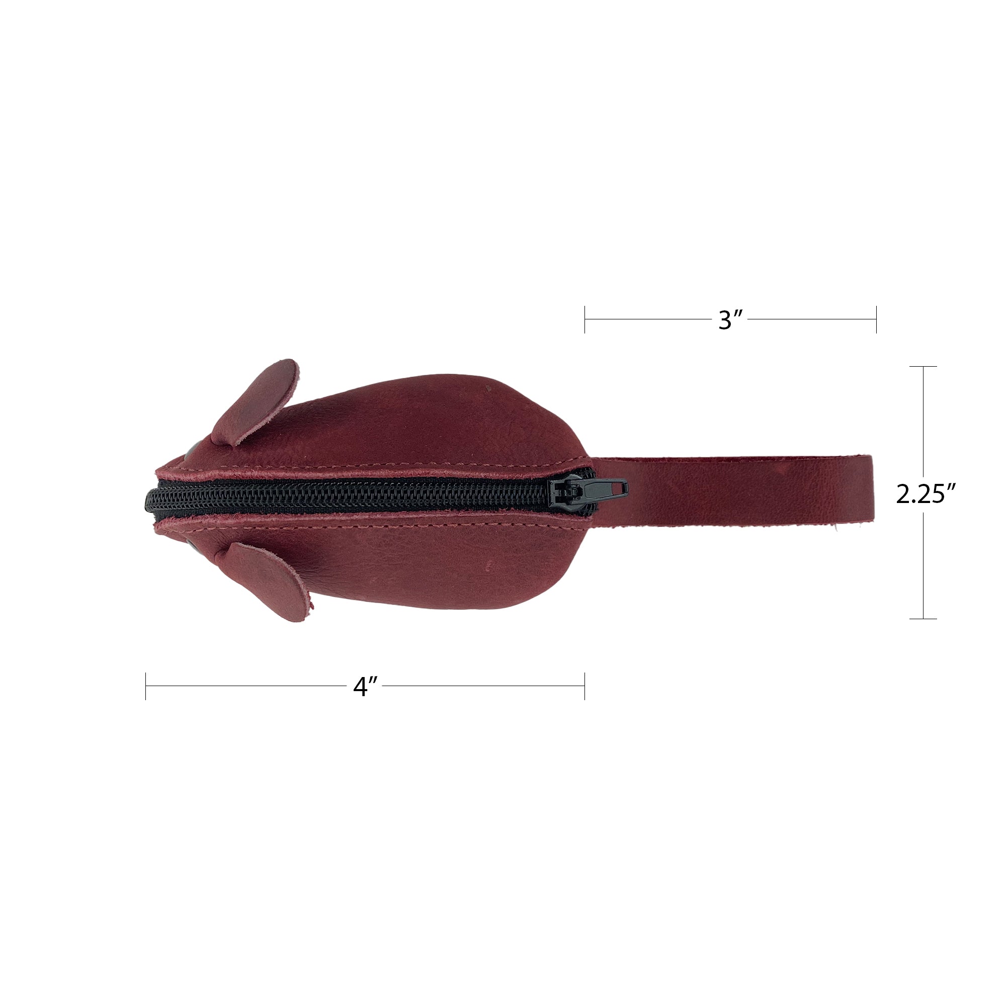 Measurement image showcasing dimensions of the burgundy Hide & Drink's Mouse Coin Pouch. This meticulously crafted Mouse-Shaped Coin Pouch is an excellent pocket case for coins and a must-have travel accessory.